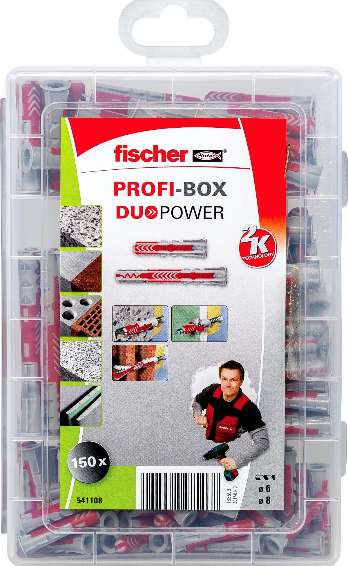 fischer Profesjonalne pudełko DuoPower krótkie/długie, pudełko z kołkami rozporowymi z 150 elementami (60 szt. 6 x 30, 40 szt. 8 x 40, 30 szt. 6 x 50, 20 szt. 8 x 65), uniwersalne kołki, praktyczna