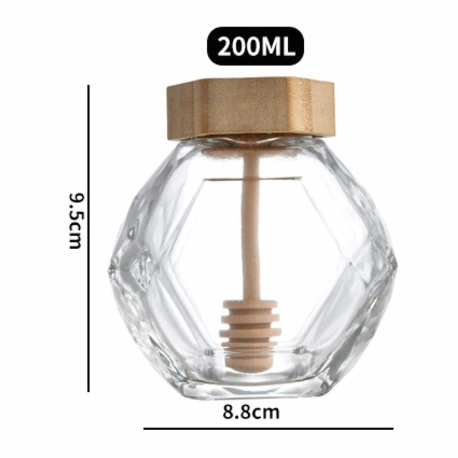 Szklany dozownik miodu 200 ml z drewnianą łyżką i korkiem
