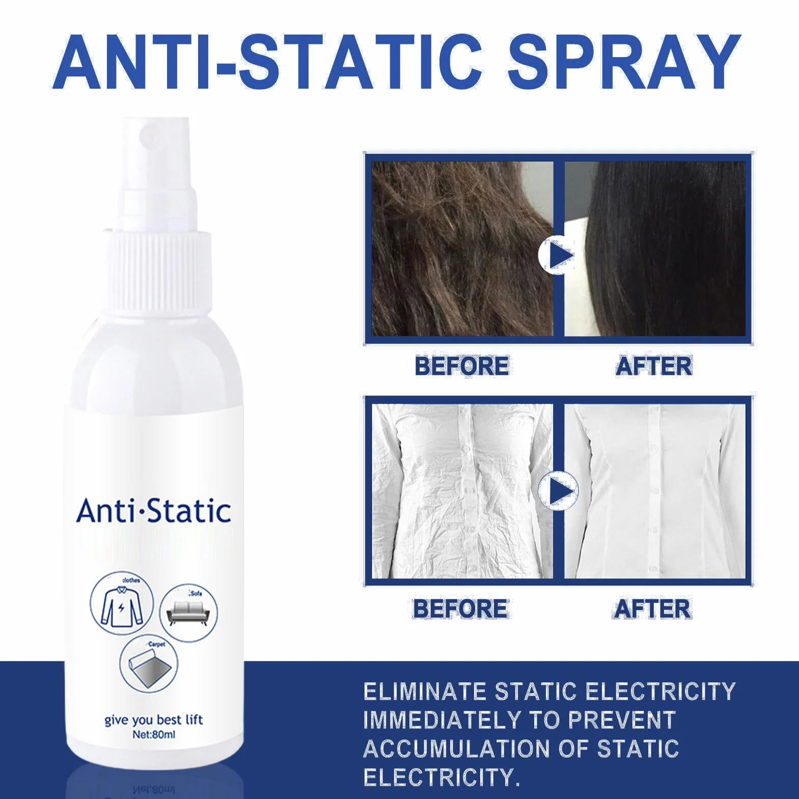 Antystatyczny spray, 80 ml, natychmiastowe usuwanie statycznego ładowania włosów i tekstyliów, natychmiastowe działanie i długotrwałe działanie, płyn do płukania, pielęgnacja ubrań i dywanów