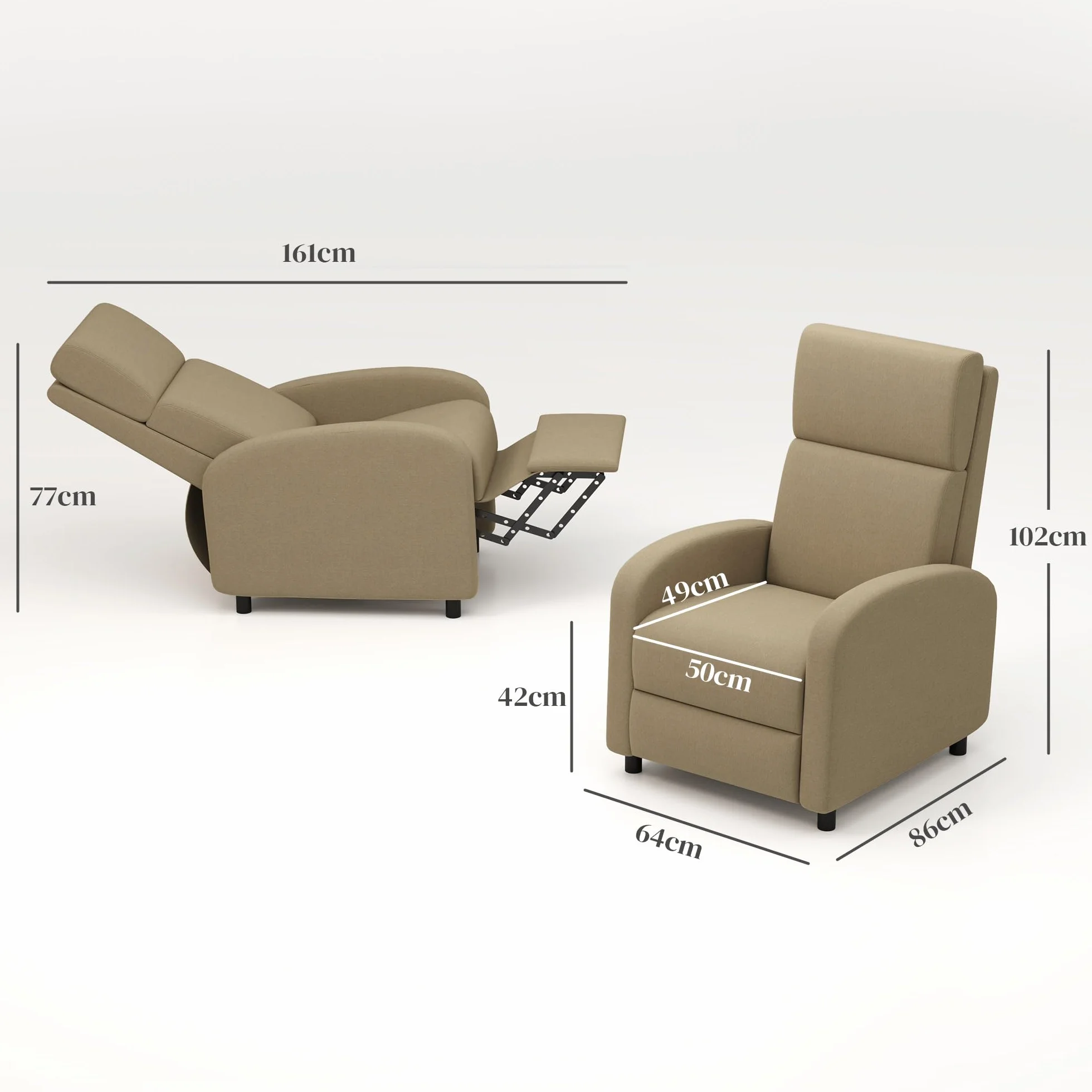 HOMCOM Fotel Relaksacyjny, Fotel Relaksacyjny z Ręcznym Regulowanym Oparciem, Wbudowany Podnóżek, Do Salonu, Sypialni, Biura, Kina Domowego, Obciążenie 120 kg, Beżowy