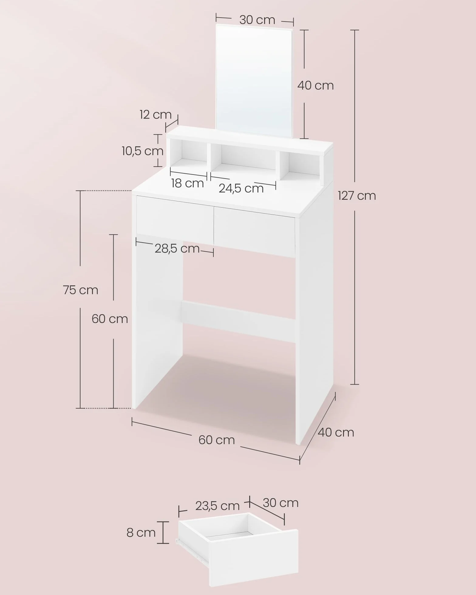 VASAGLE Toaletka z dużym lustrem, toaletka, 2 szuflady, 3 otwarte przegródki, toaletka nowoczesna, biała RDT103W01