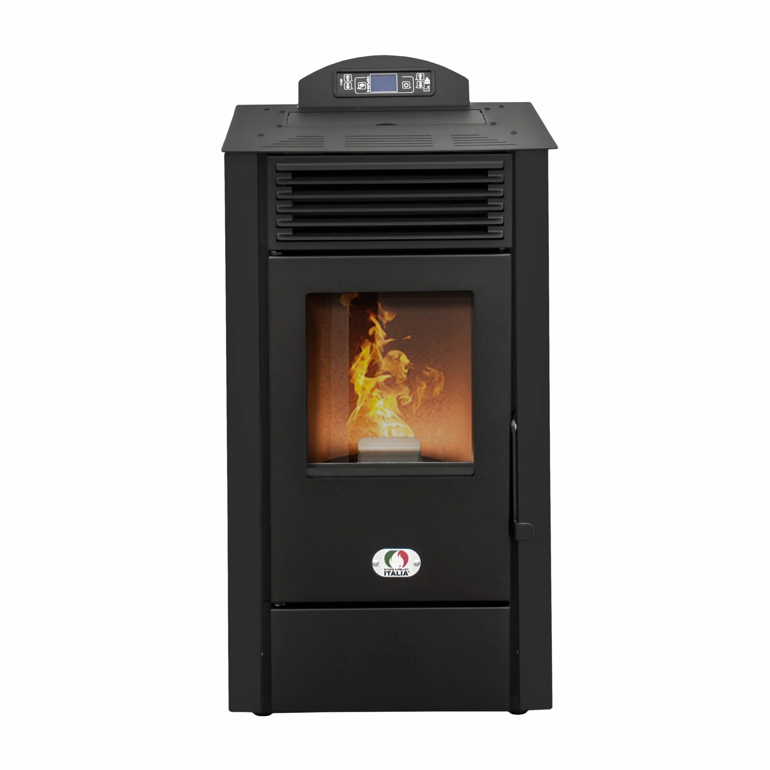 STUFE A PELLET ITALIA - California 8Kw - Piec wentylacyjny, Wydajność 91%, Ogrzewanie 70m², Autonomia 20H, 5 prędkości i mocy, Programowalny, 24 Miesięcy Gwarancja, CZARNY