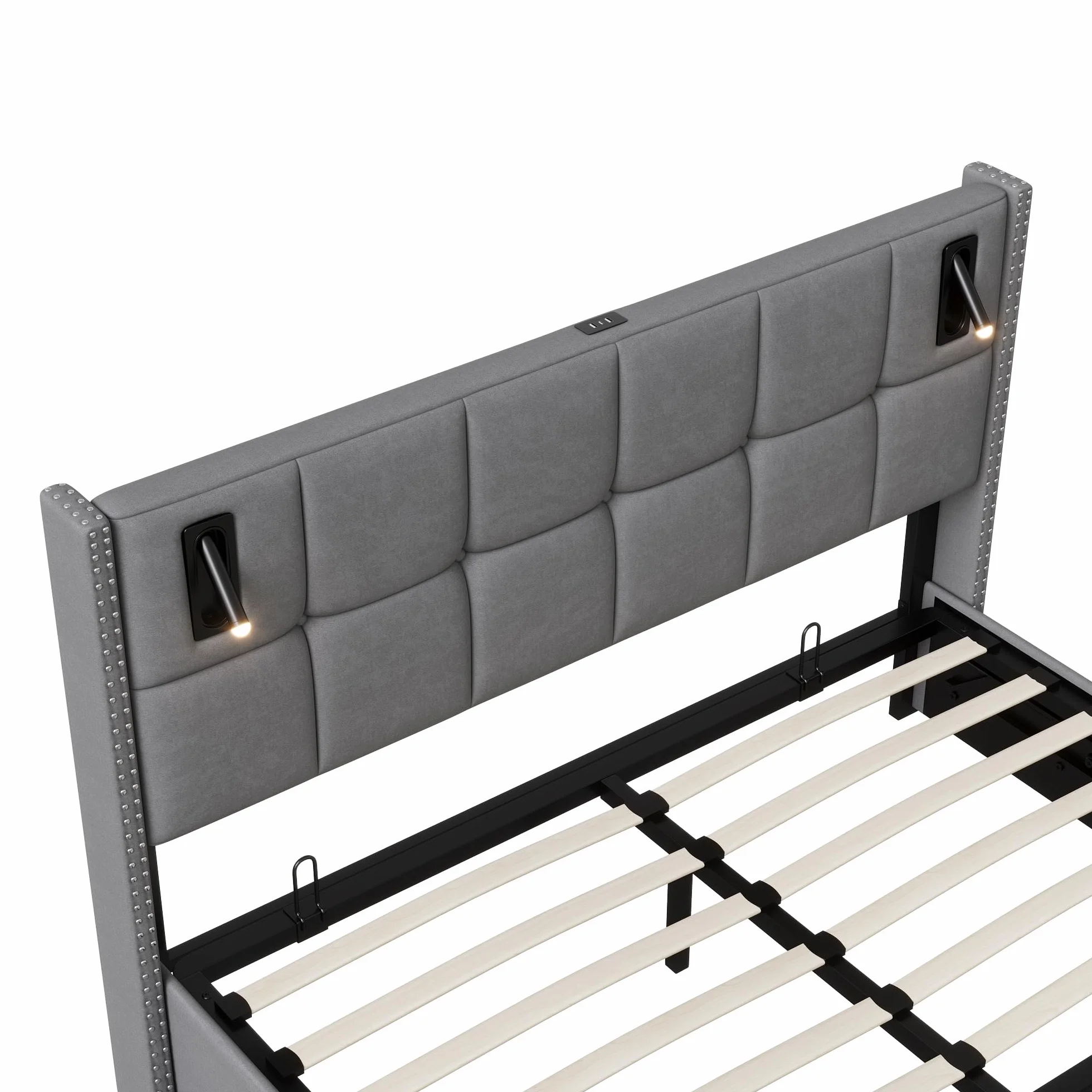 Łóżko podwójne pikowane, 140 x 200 cm, łóżko pięciowe i LED, 140 x 200 z zagłówkiem i miejscem do przechowywania, łóżko 2-osobowe z listwami, rama łóżka, bez materaca, aksamit