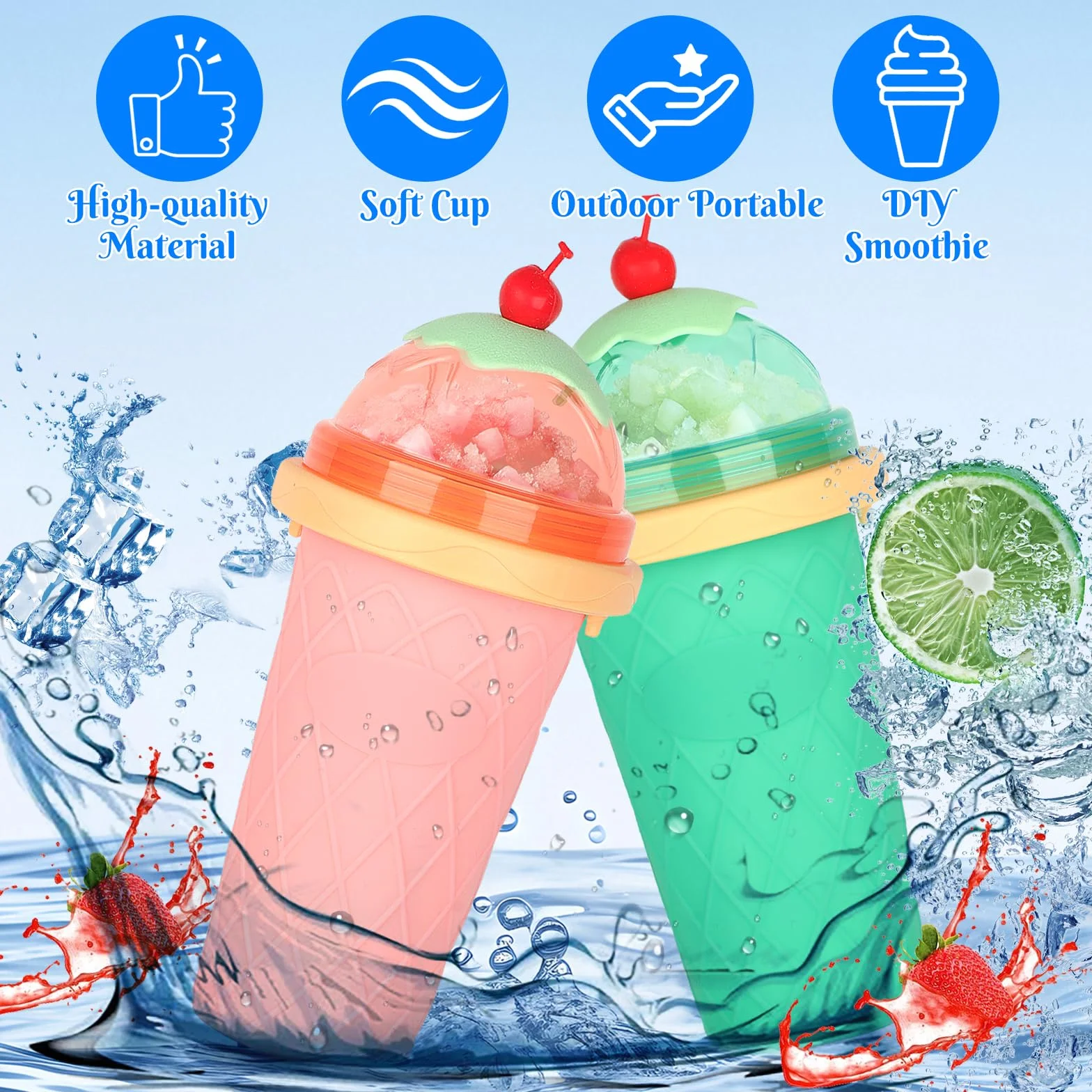 Silikonowe kubki do slushy DIY - Zestaw 2 sztuk ze słomką i łyżeczką 2 w 1
