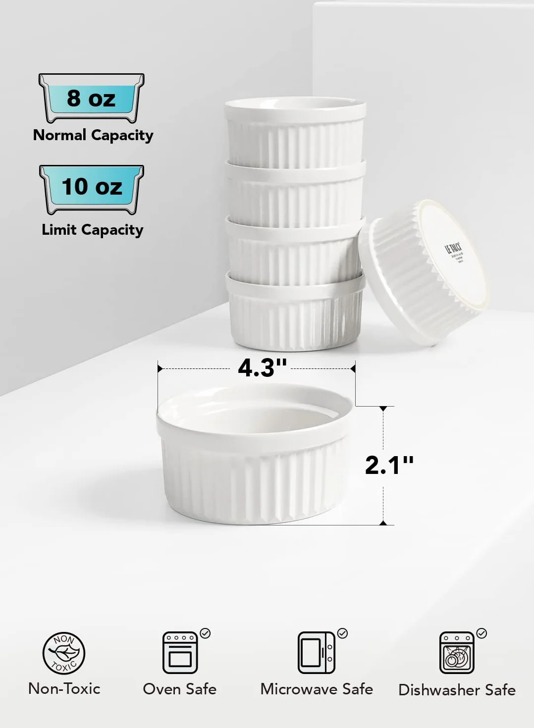 LE TAUCI Ramekiny, 20 ml słoików na żywność, Ramekin Set for Creme Brulee, Custard Cups, Set of 6, Oven Safe, Oyster White