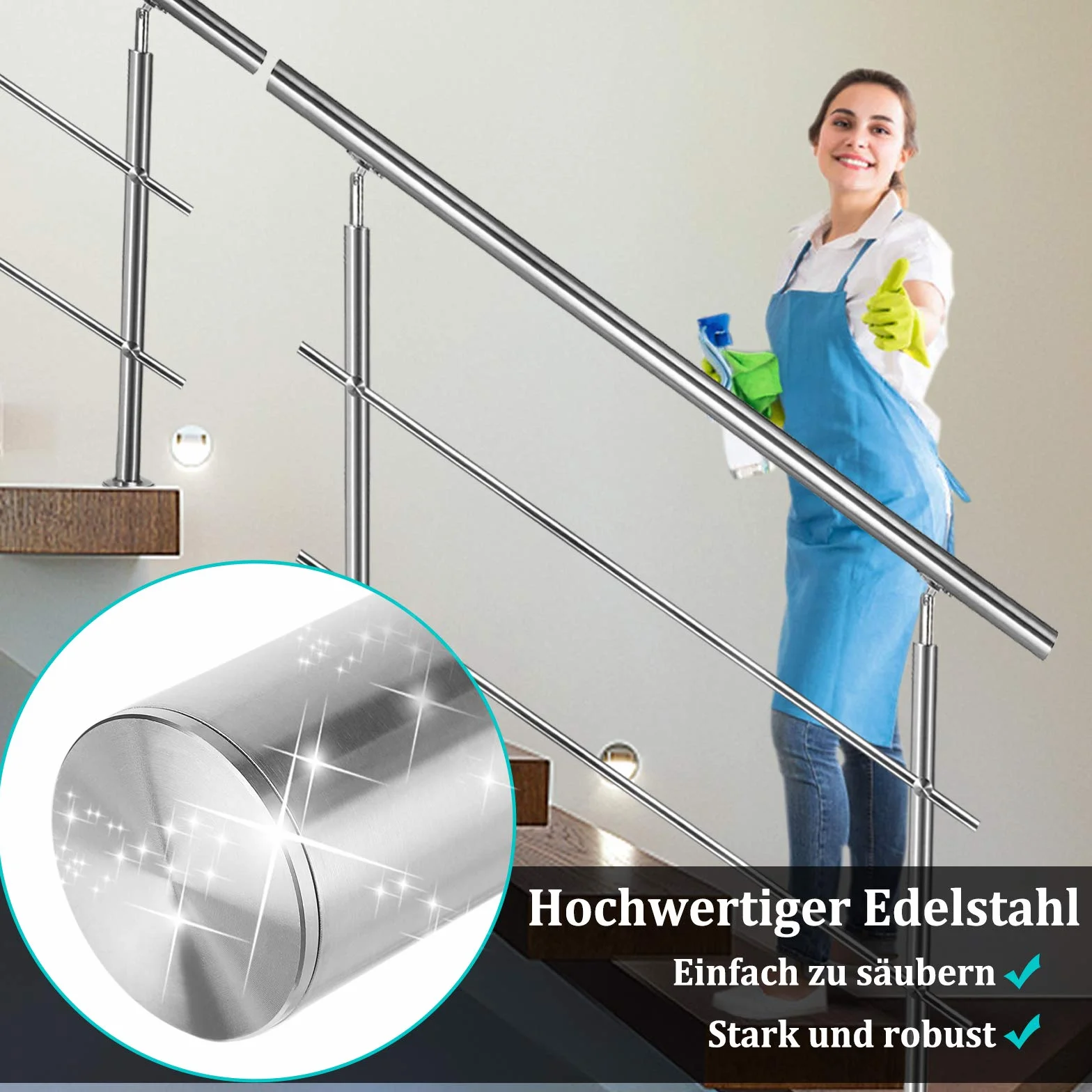 Aufun Poręcz ze stali nierdzewnej, 160 cm, poręcz schodowa do wewnątrz i na zewnątrz, z 2 słupkami, do schodów, balustrady, na balkon (160 cm, 2 poprzeczki)