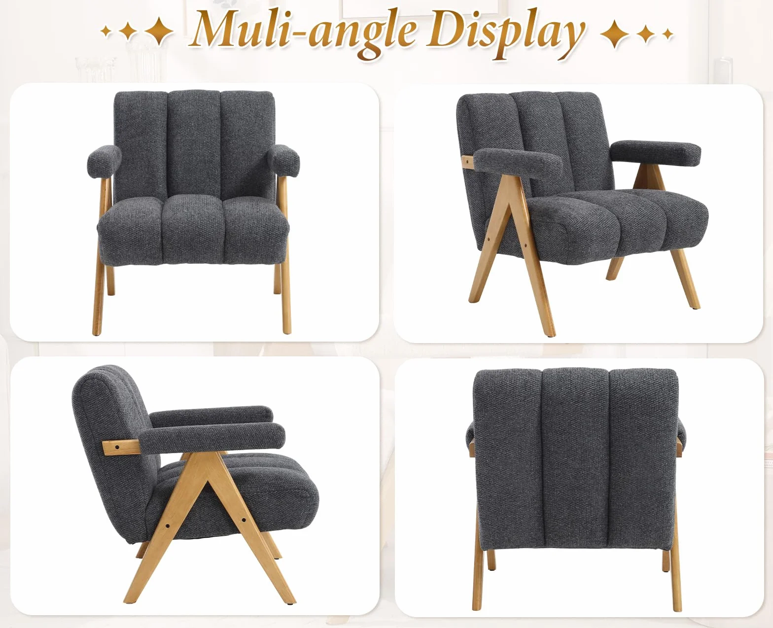 chairus Krzesło Modern Chenille do salonu, fotel akcentowy z litej drewnianej nóżkami, wygodne krzesło wypoczynkowe z podłokietnikami, tapicerowana kanapa jednoosobowa do sypialni, szary