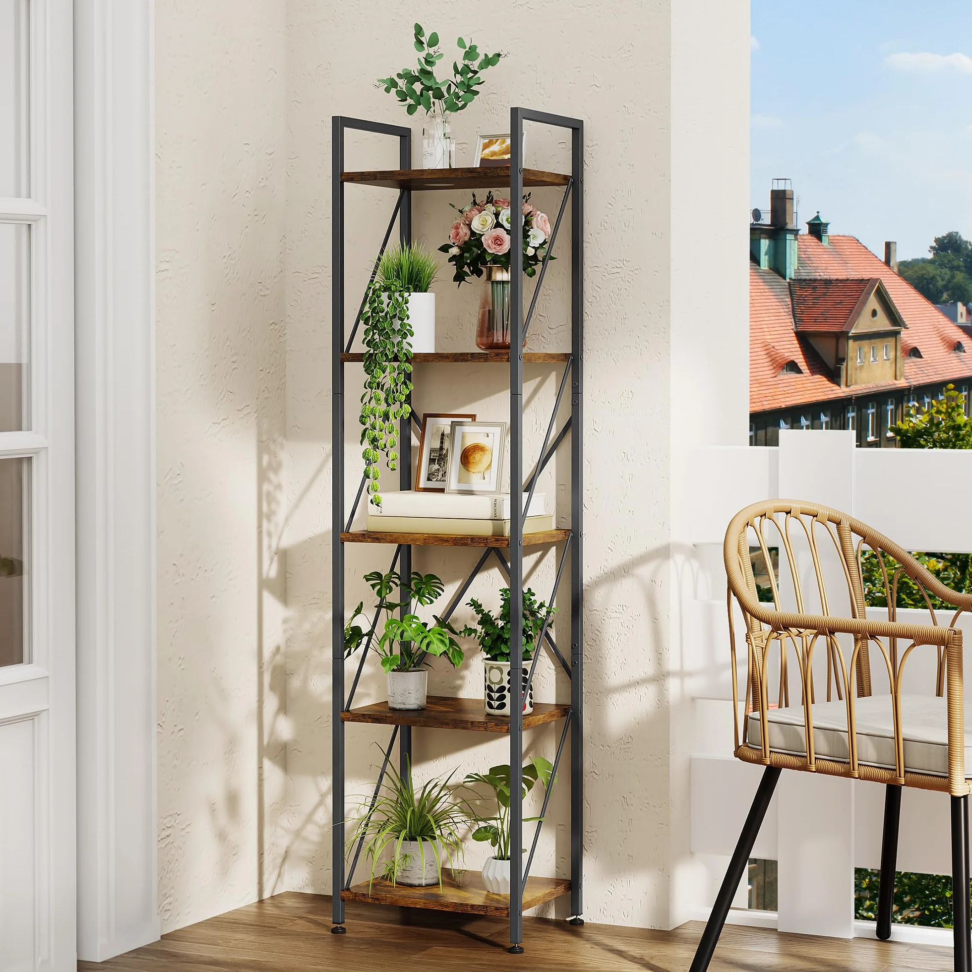 YITAHOME Regał na książki z 5 poziomami, przemysłowy regał na książki, wolnostojący, regał drewniany i metalowa rama, regał do przechowywania do salonu, domu, biura, kuchni, sypialni, brązowy vintage