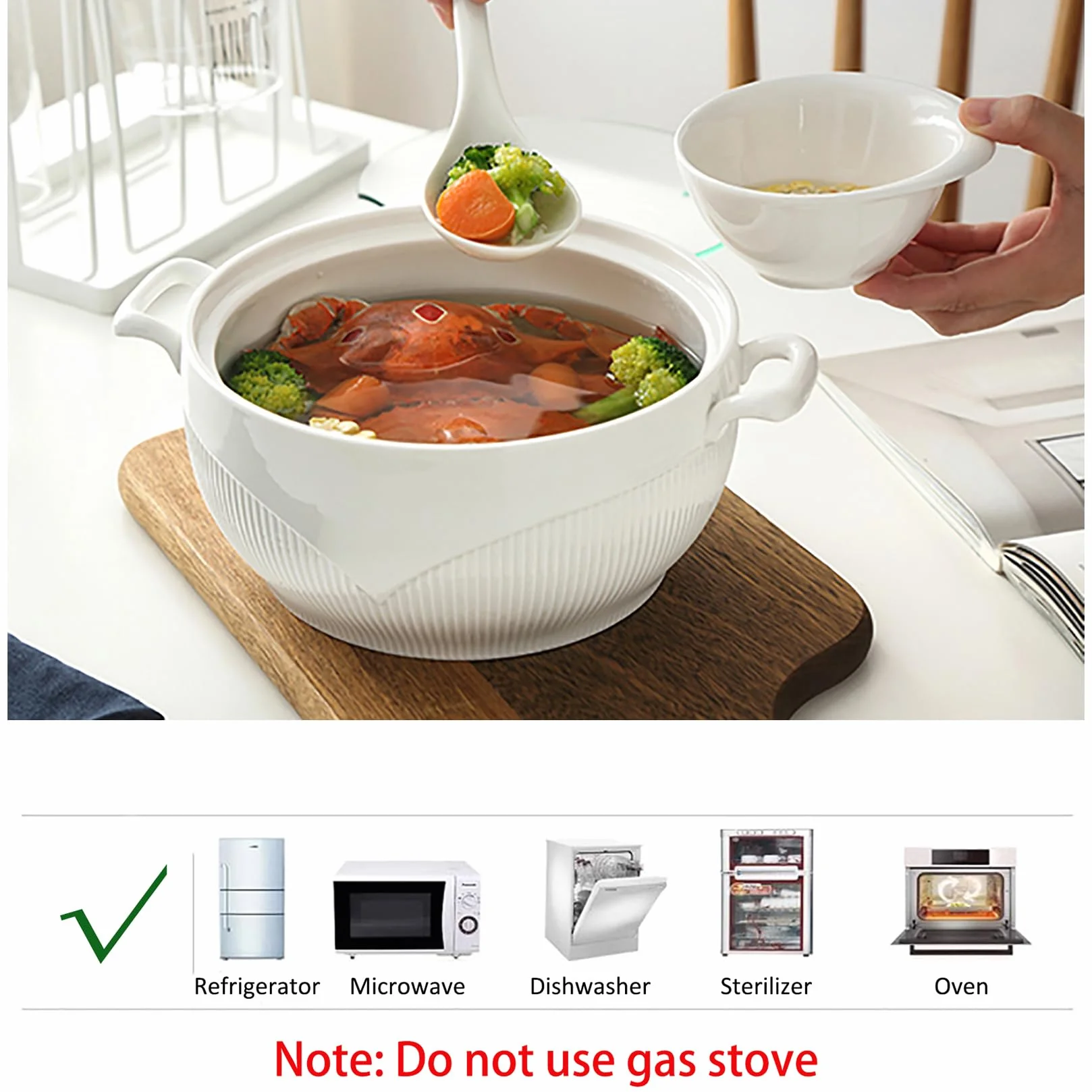 Waza do zupy ze szklaną pokrywką i łyżką, miska do zupy porcelanowej do serwowania stołów kuchennych,White,L