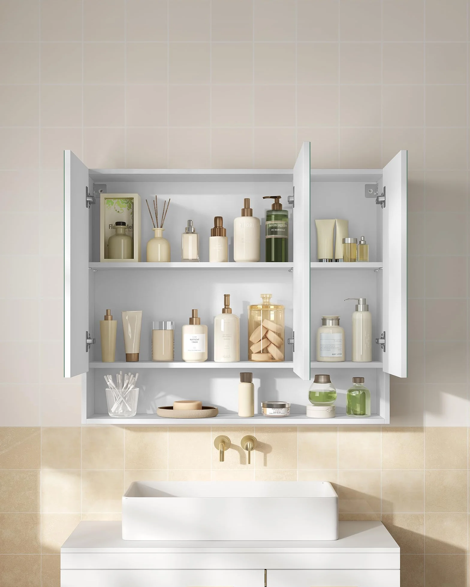 VASAGLE Meble łazienkowe z 3 drzwiami, szafka z lustrem, meble łazienkowe, otwarta komora, regulowane półki, 16,5 x 90 x 75 cm, chmurna biel BBK130W01