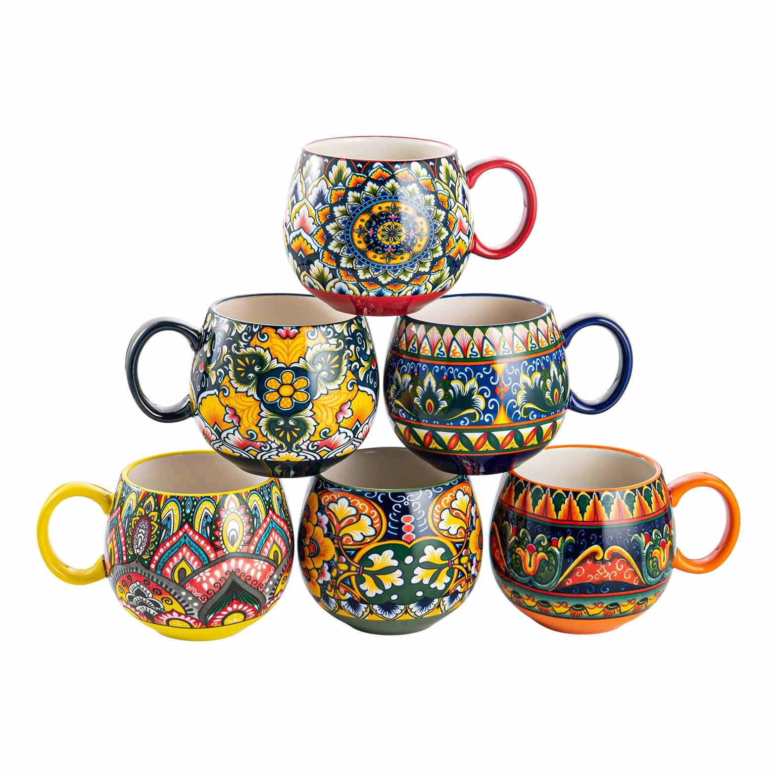 Zestaw kubków porcelanowych, ceramiczne filiżanki do cappuccino/kubki - 600ml, zastawa stołowa do 6 osób, zestaw filiżanek kawowych - styl bohemski