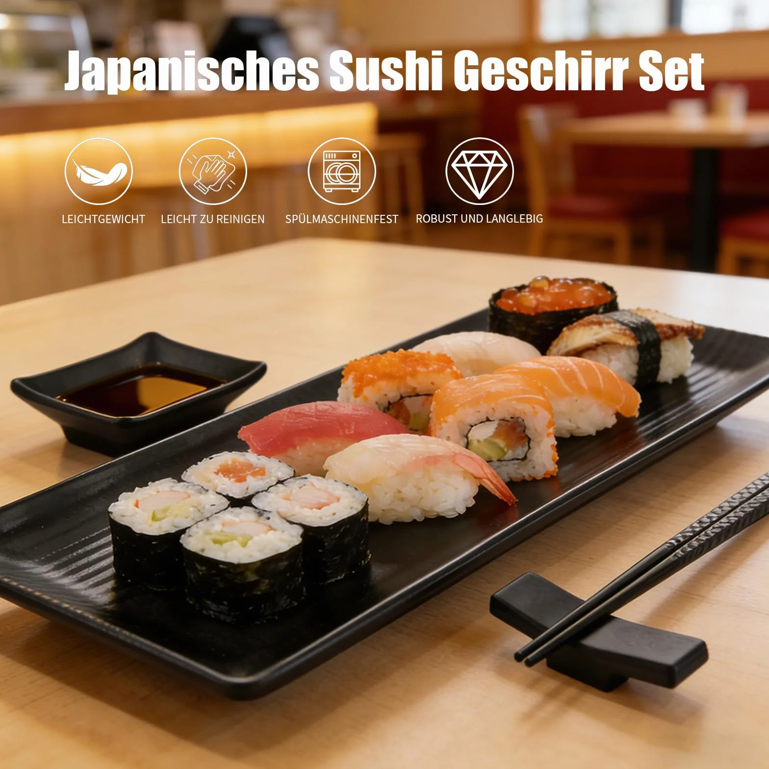 Japonki zestaw naczyń do sushi, serwis do serwowania sushi z melaminy z 2 parami pałeczek, 2 podstawkami na pałeczki, 2 talerzami, 2 miseczkami do dipowania, zestaw do serwowania sushi dla 2 osób do