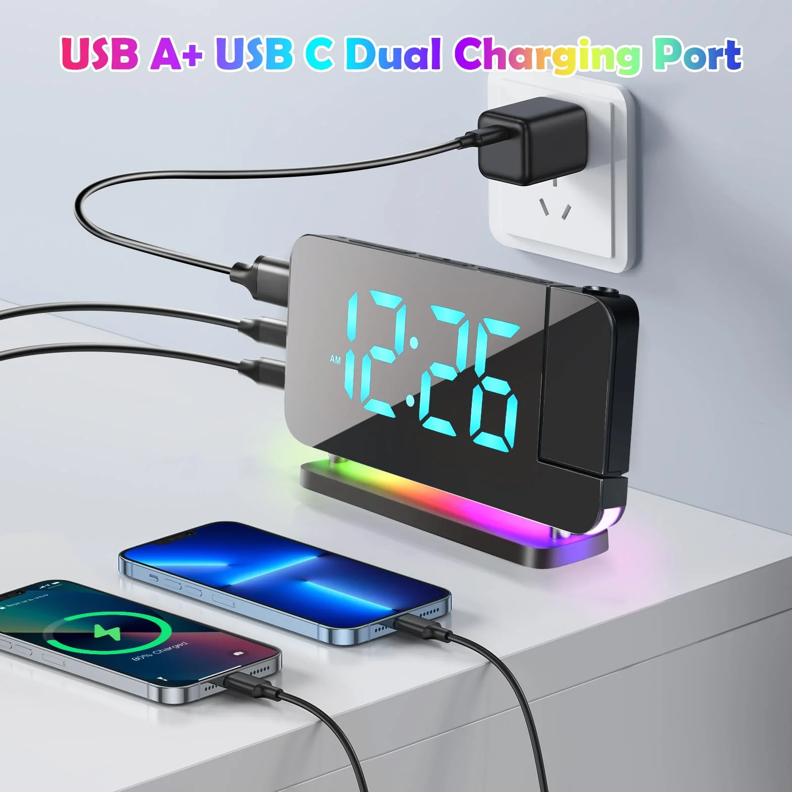 Euakee Budzik z projekcją, cyfrowy zegar z lustrem LED 7,4", 10 kolorów, projektor obracany o 180°, ładowarka USB, budzik z projektorem dla dzieci, sypialni, chłopców i dziewczynek