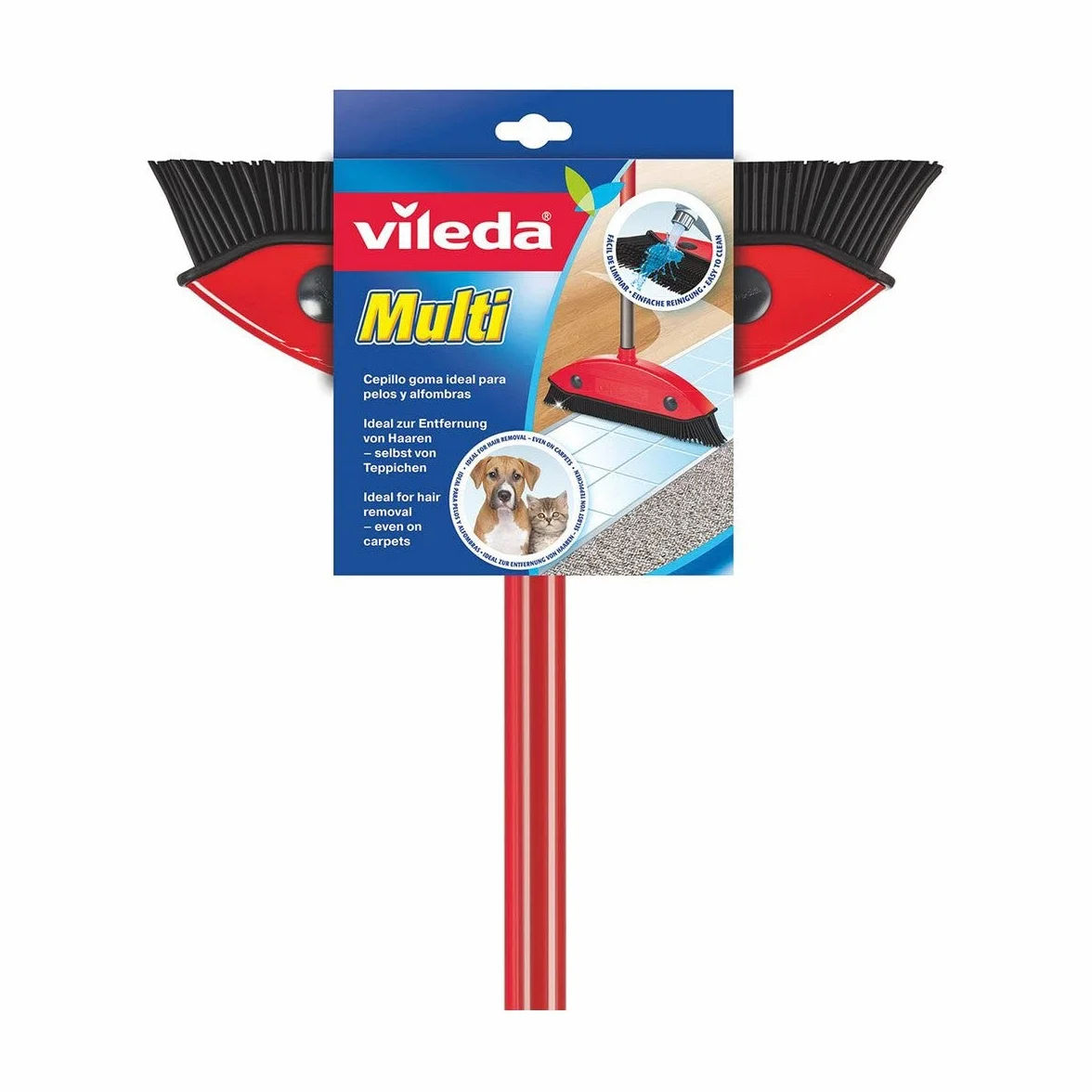 Vileda 142677 Multi Miotła z Trzonkiem Teleskopowym, Kauczukowe Włosie, Przeciwko Sierści, 75–130 cm, Czerwona