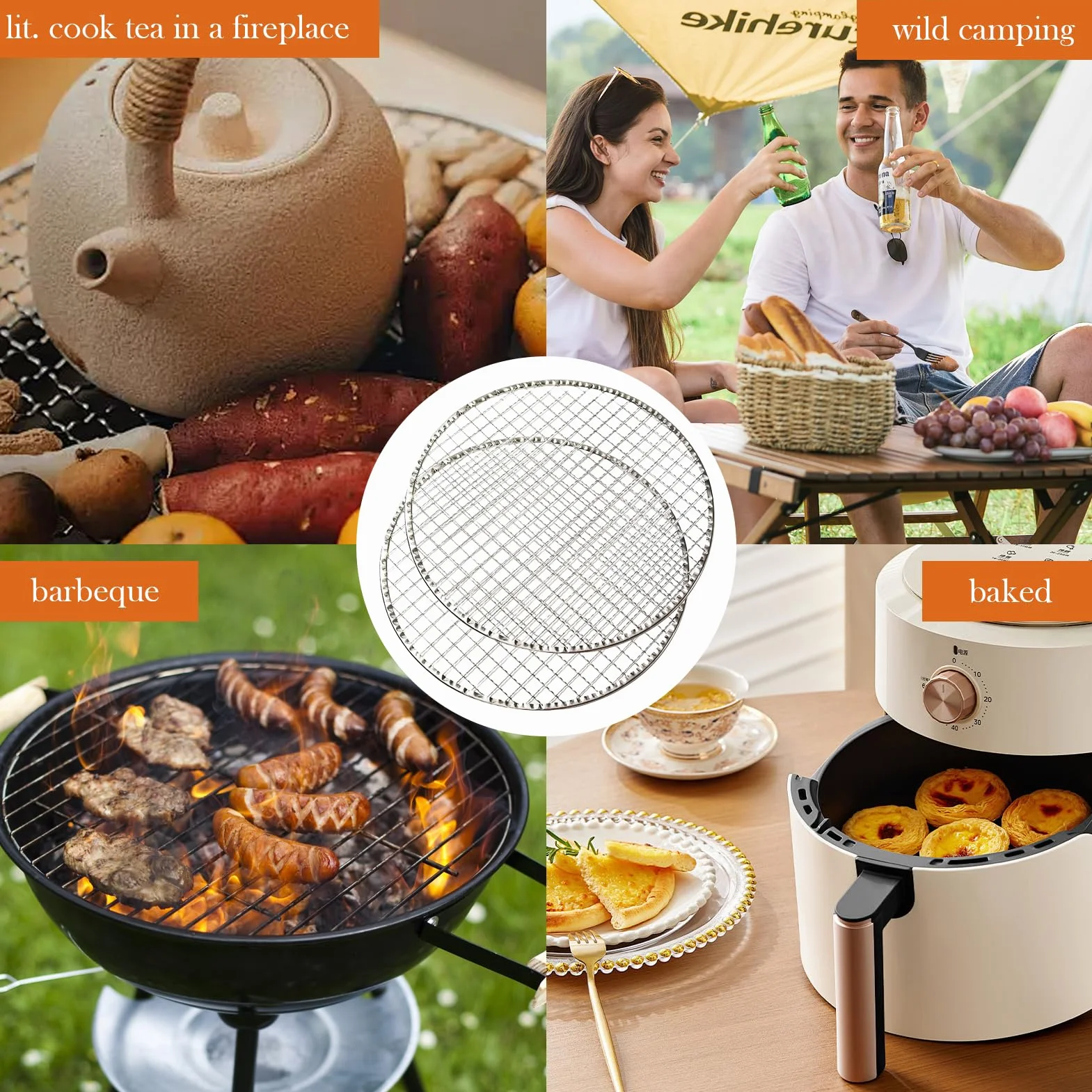 2 szt. okrągłych mat do grillowania, 28 x 28 cm, ruszt do grillowania na palenisku, na kemping, do ogrodu, na piknik, równomierne rozprowadzanie ciepła, grillowanie na świeżym powietrzu, przyjęcie w