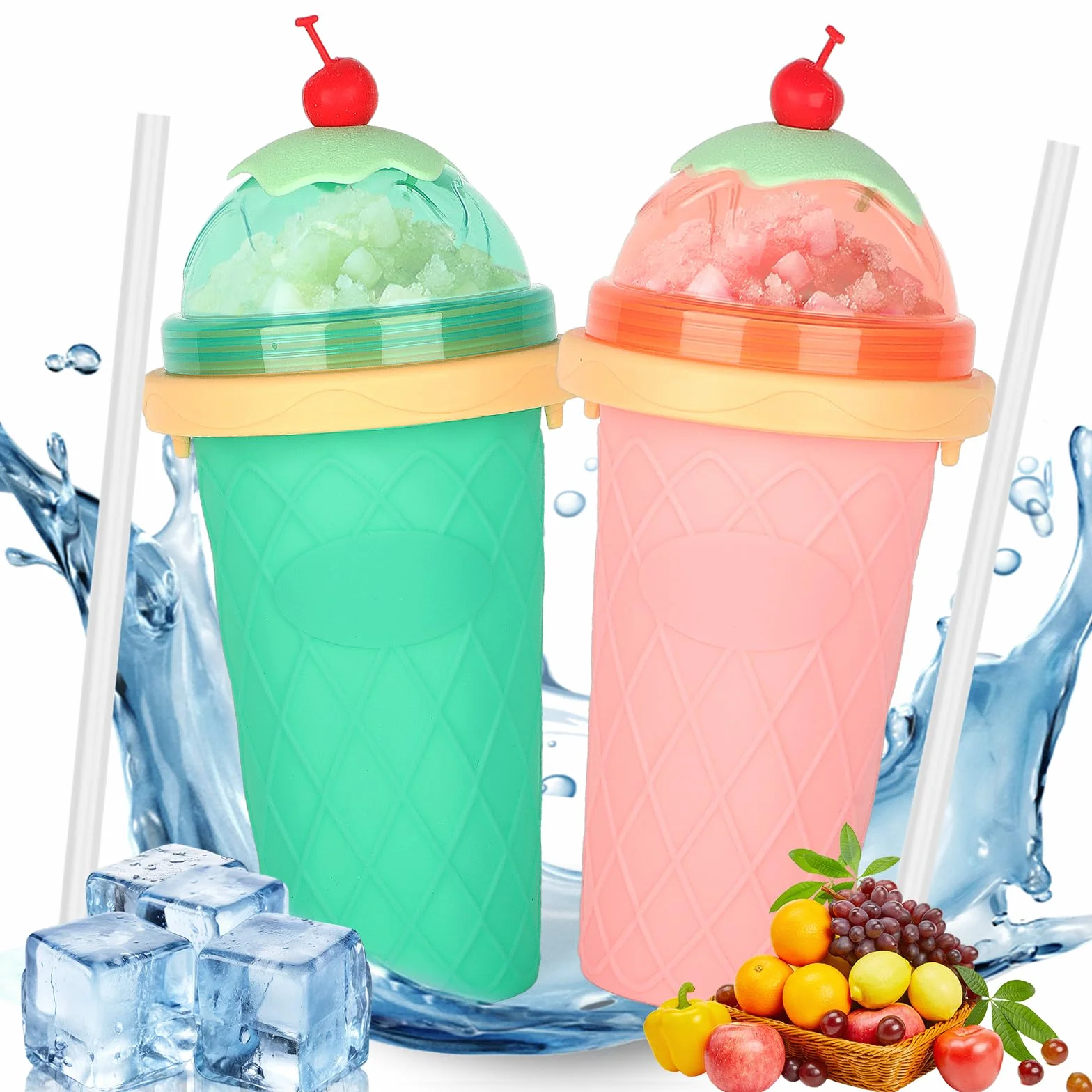 Silikonowe kubki do slushy DIY - Zestaw 2 sztuk ze słomką i łyżeczką 2 w 1