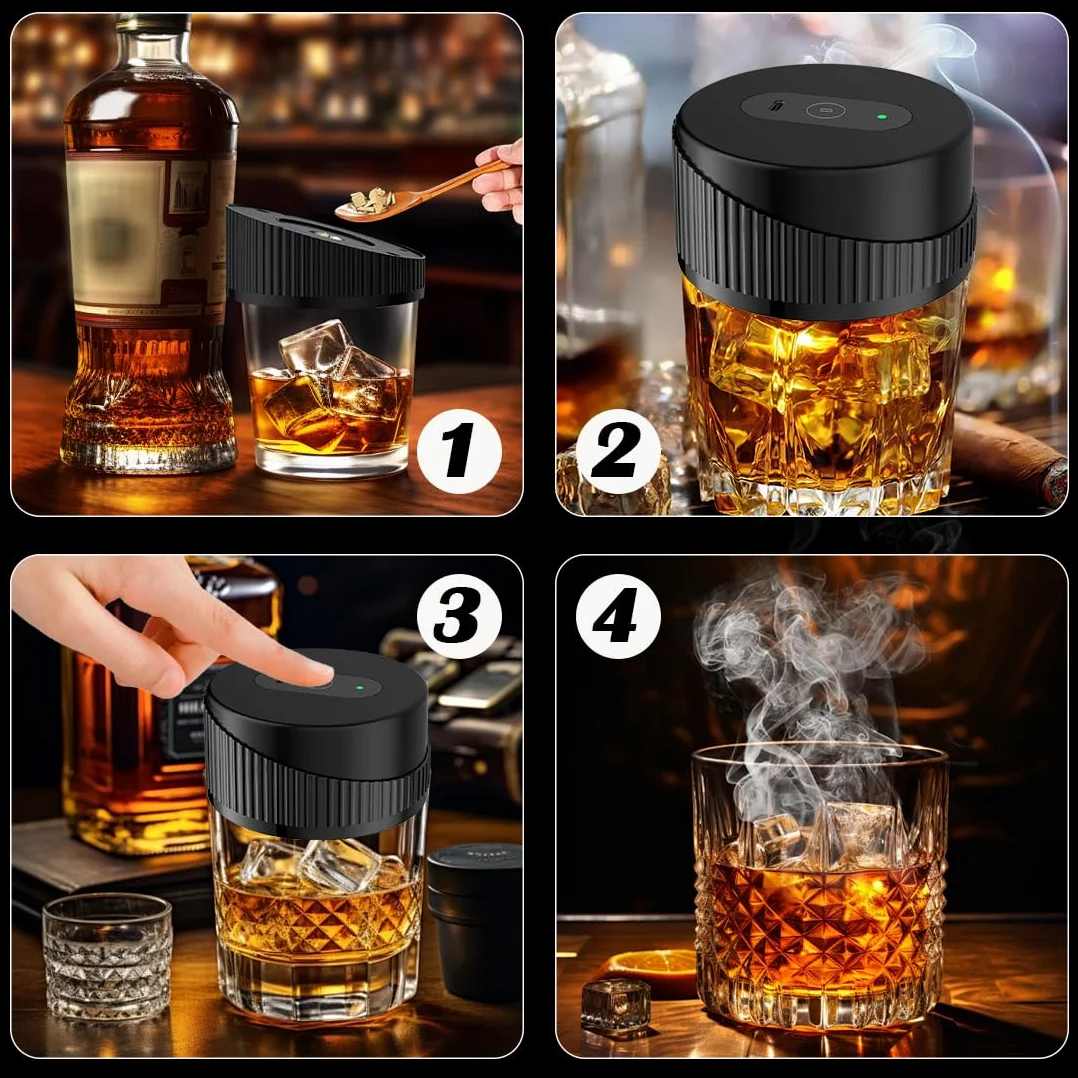 LOMUG Zestaw do wędzenia whisky, elektryczny zestaw do wędzenia koktajli z 6 drewnianymi wiórami, akcesoria do wędzenia whisky Old Fashioned na napoje i bourbon, kawa, mięso-orzech włoski, prezent dla