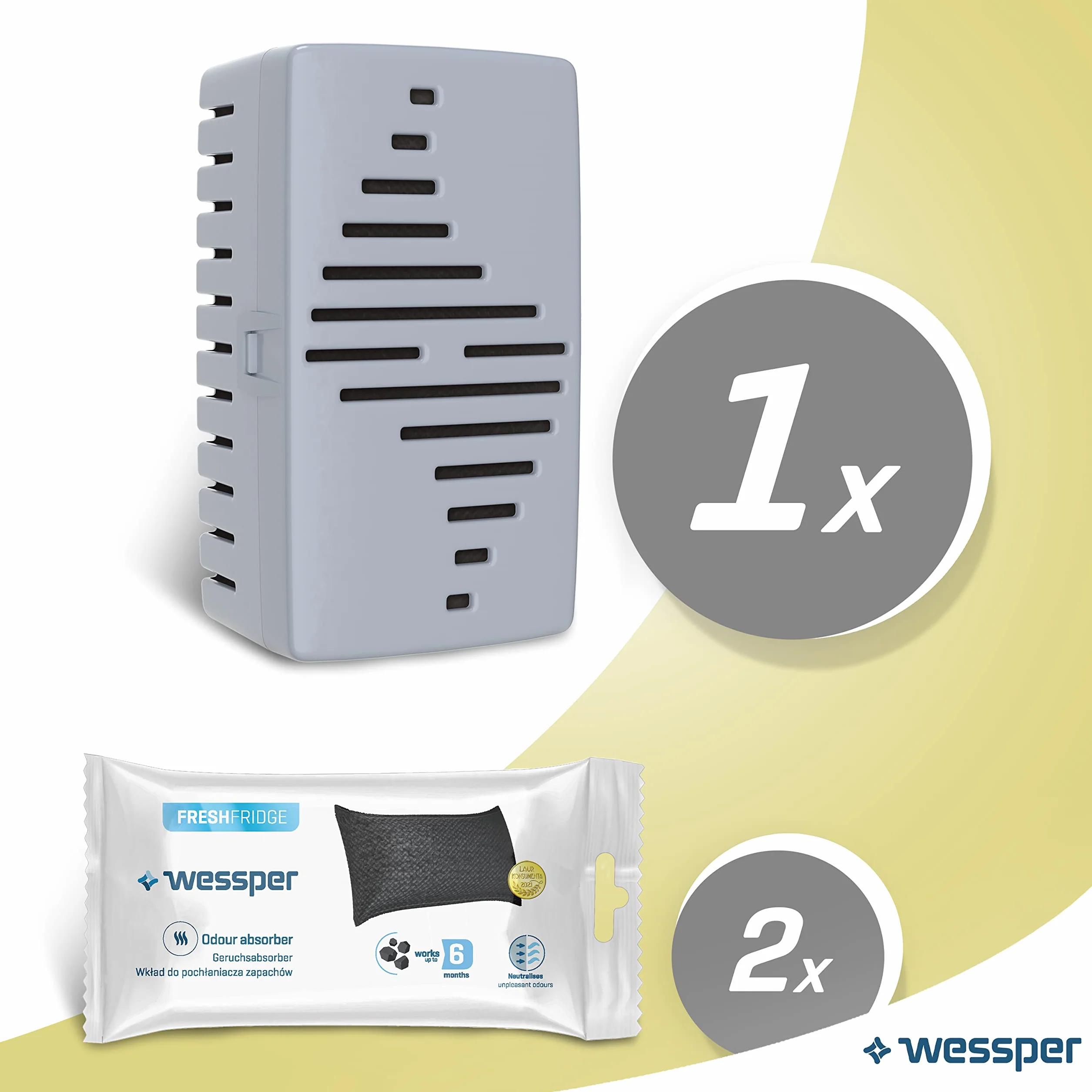 Wessper Fresh Fridge pochłaniacz zapachów do lodówki z wymiennym wkładem, neutralizuje niepożądane zapachy, z węglem aktywnym, bardzo wydajny, 6 miesięcy użytkowania, 2 opakowania uzupełniające