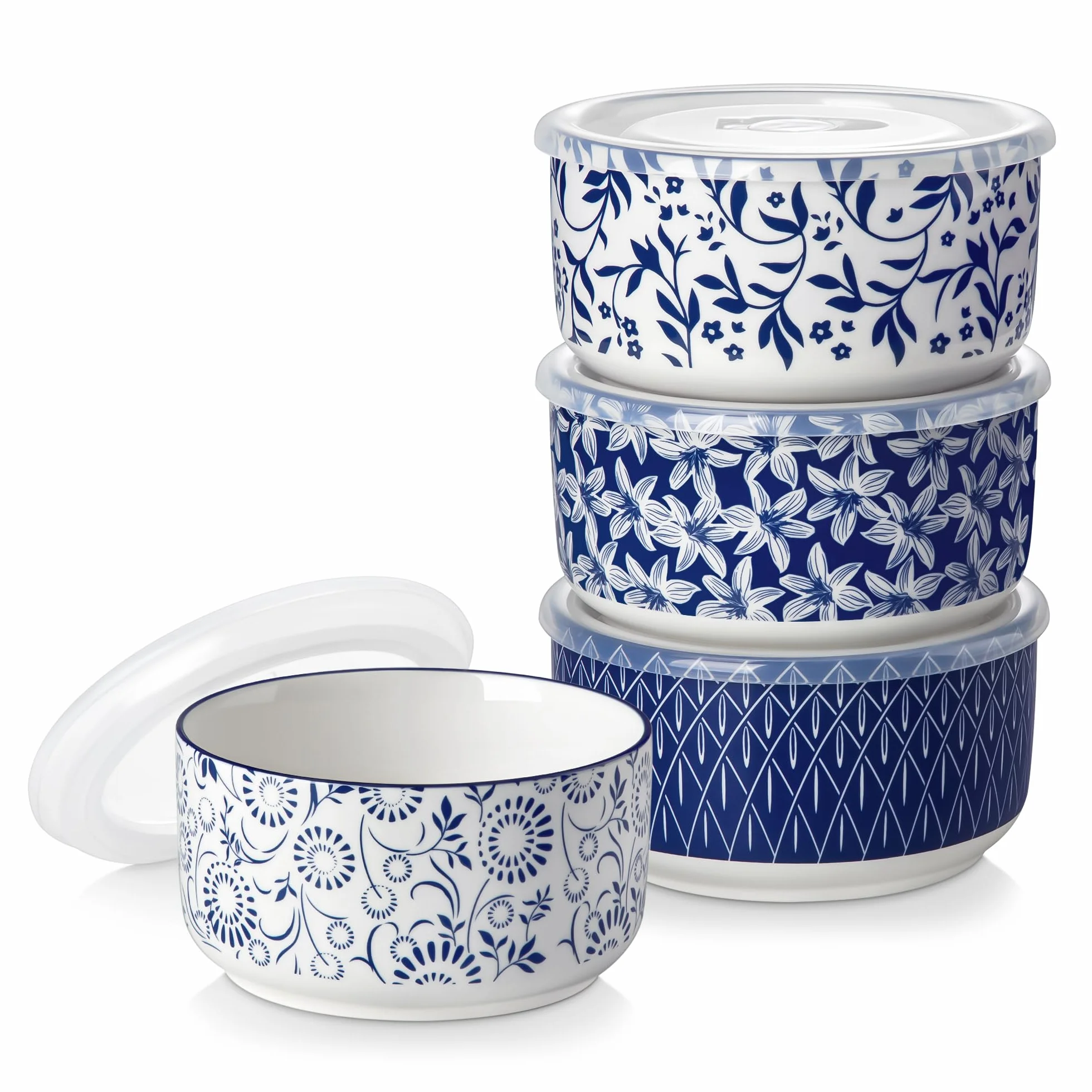 vancasso Miska do sałatki z pokrywką, 4-częściowa, 1080 ml, ceramiczne, miski na zupę, niebiesko-białe, miska z pokrywką na musli, sałatę, zupę, ramen