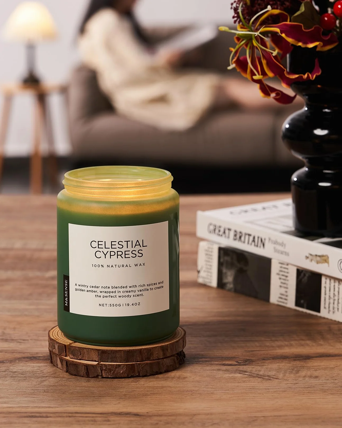 M&SENSE CelestialCypress - Świeca Sojowa Cedr-Kardamon w Szkle (550g, 110h) | 2 Knoty, Intensywny Zapach | Naturalna, Długotrwała | Idealny Prezent i Dekoracja
