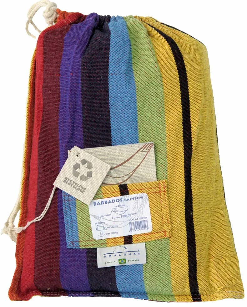 AMAZONAS Klasyczny hamak XL Barbados Rainbow wykonany ręcznie w Brazylii, nośność do 200 kg z 230 x 150 cm dla 1-2 osób w kolorowych paskach