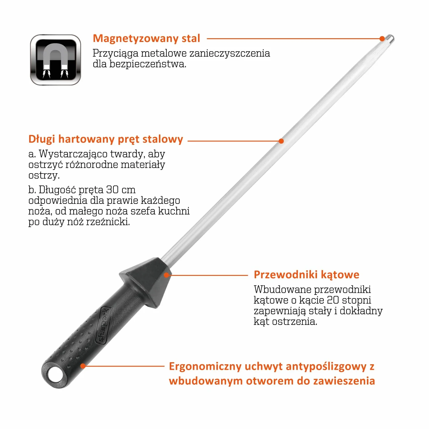 (marka SHARPAL) 108S Razem 45 cm/Długość pręta 30 cm stal ostrząca z wbudowanymi prowadnicami kąta do noży kuchennych Honer Pręt Ostrzący Stal HRC 65