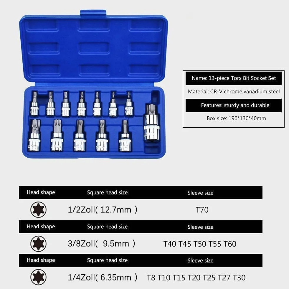 13 sztuk Zestaw gniazd Torx T8-T70 S2 Stalowe klucze sześciokątne Torx Socket Shank Tool Wkrętak Bit, Torx męski T8 T10 T15 T20 T25 T30 T40 T45 T50 T50 T50 5 T600 T70