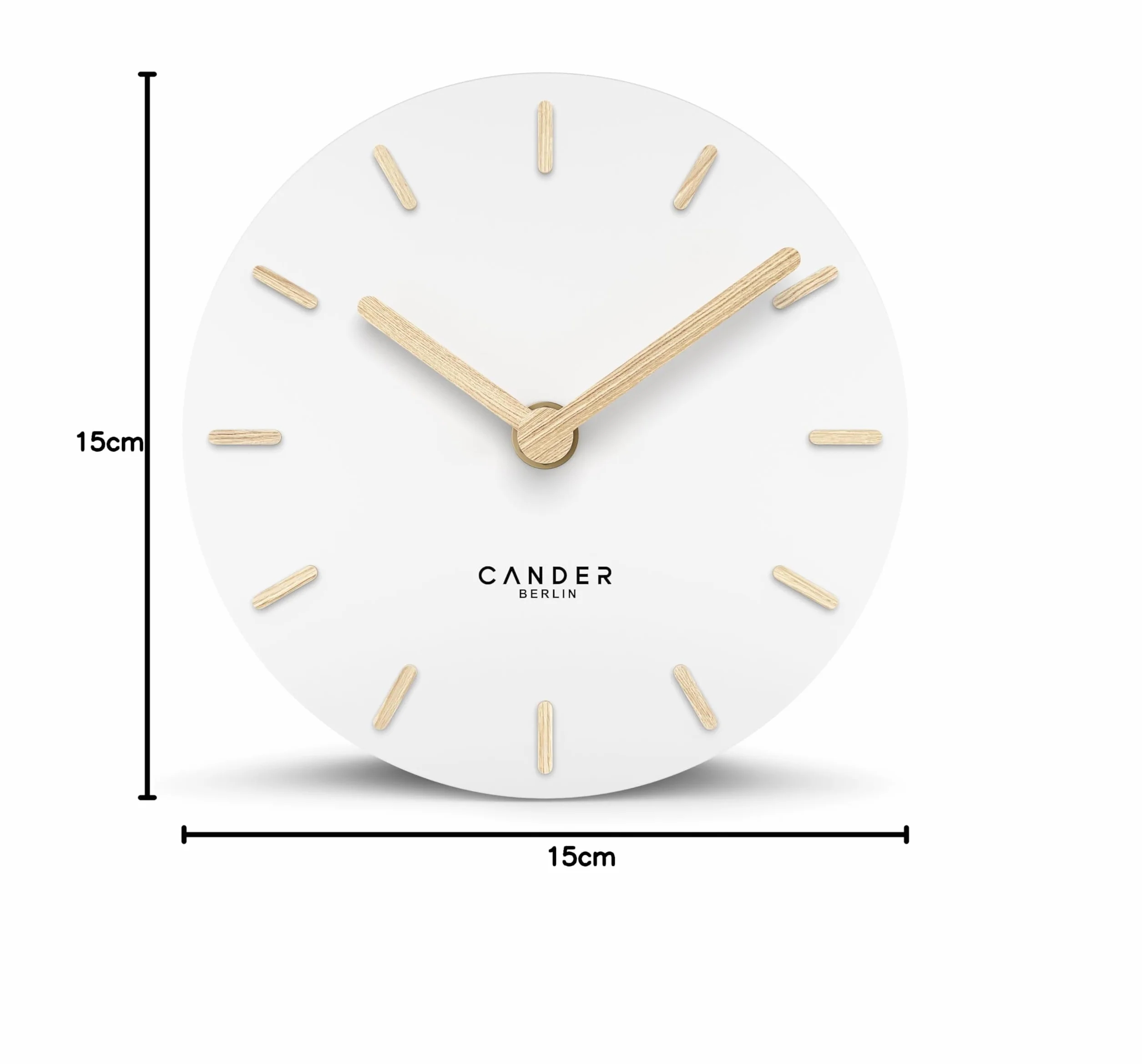 Cander Berlin MNU 2515 F zegar stołowy bezgłośny, bez tykania, 15 cm, analogowy, zasilany bateriami, biały, płyta MDF, wskazówka drewniana