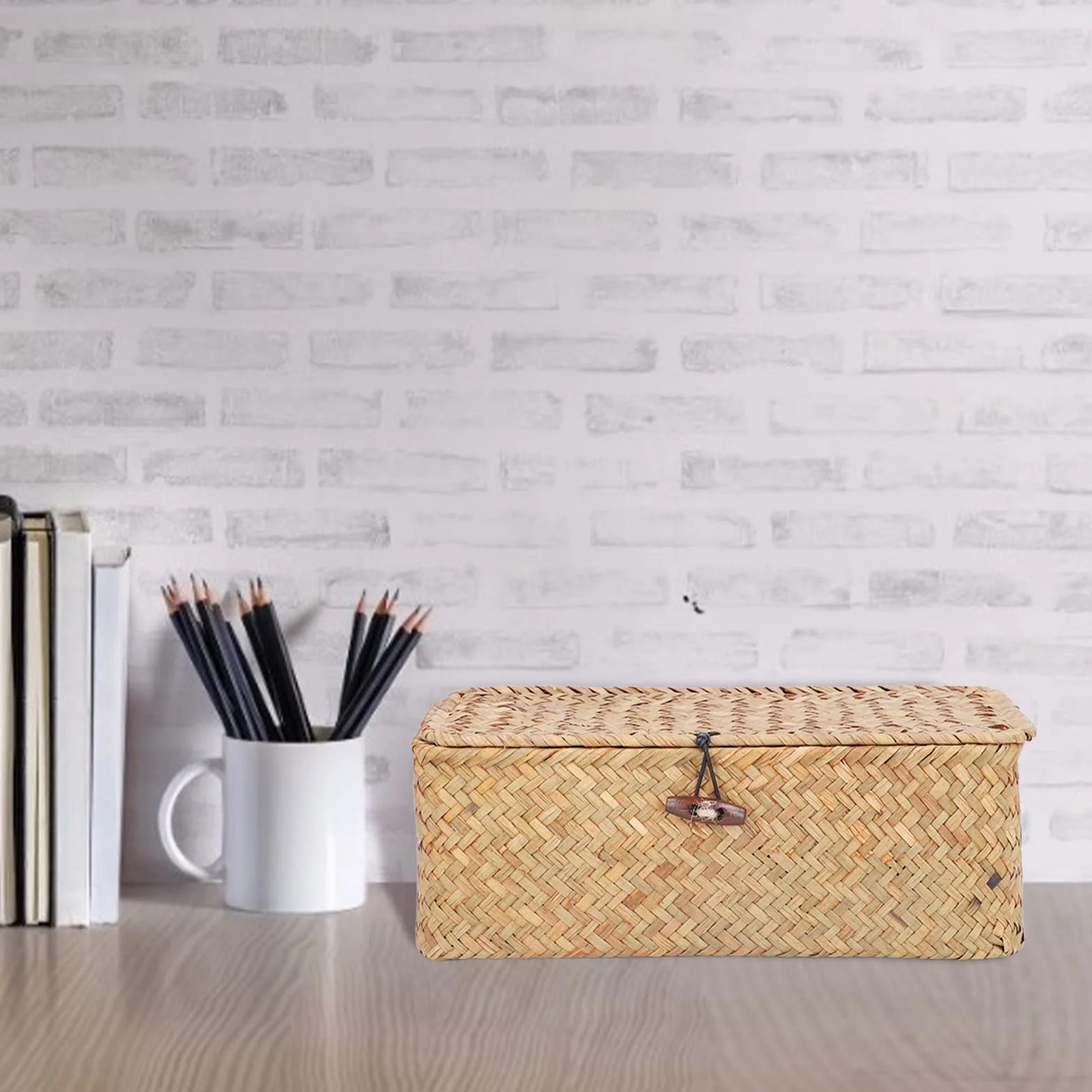 Kosz Wiklinowy z pokrywką, Pudełko Rattanowe do organizacji w kuchni, salonie i ogrodzie, Prostokątny Organizer z przegrodkami, Pojemnik na rośliny, mebel w stylu naturalnym, Karmel (M)