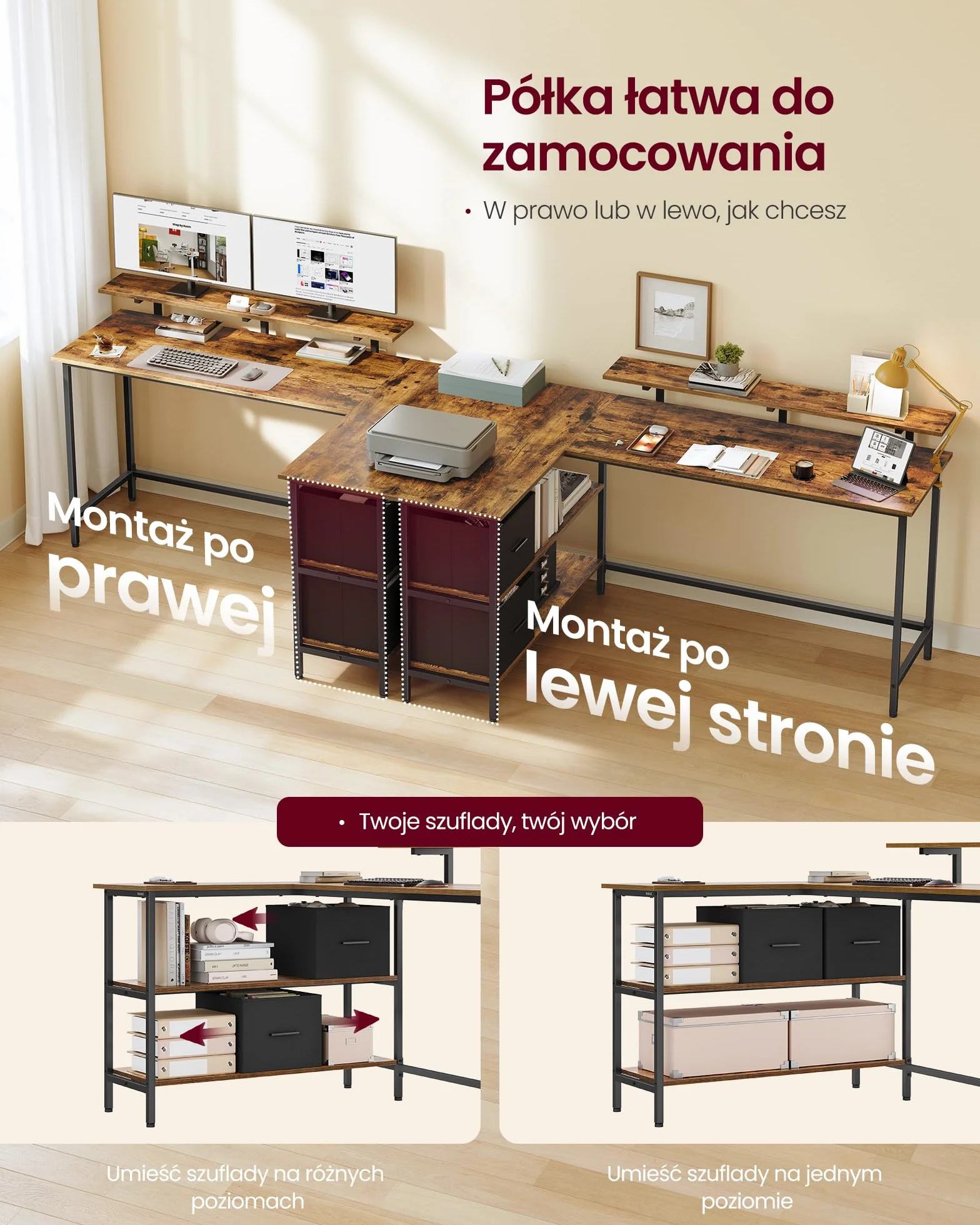VASAGLE Biurko w kształcie litery L z 2 przestronnymi szufladami, biurko dla graczy ze stojakiem na monitor, biurko narożne, biurko komputerowe z regulowaną półką, do domowego biura, 155 x 105 cm
