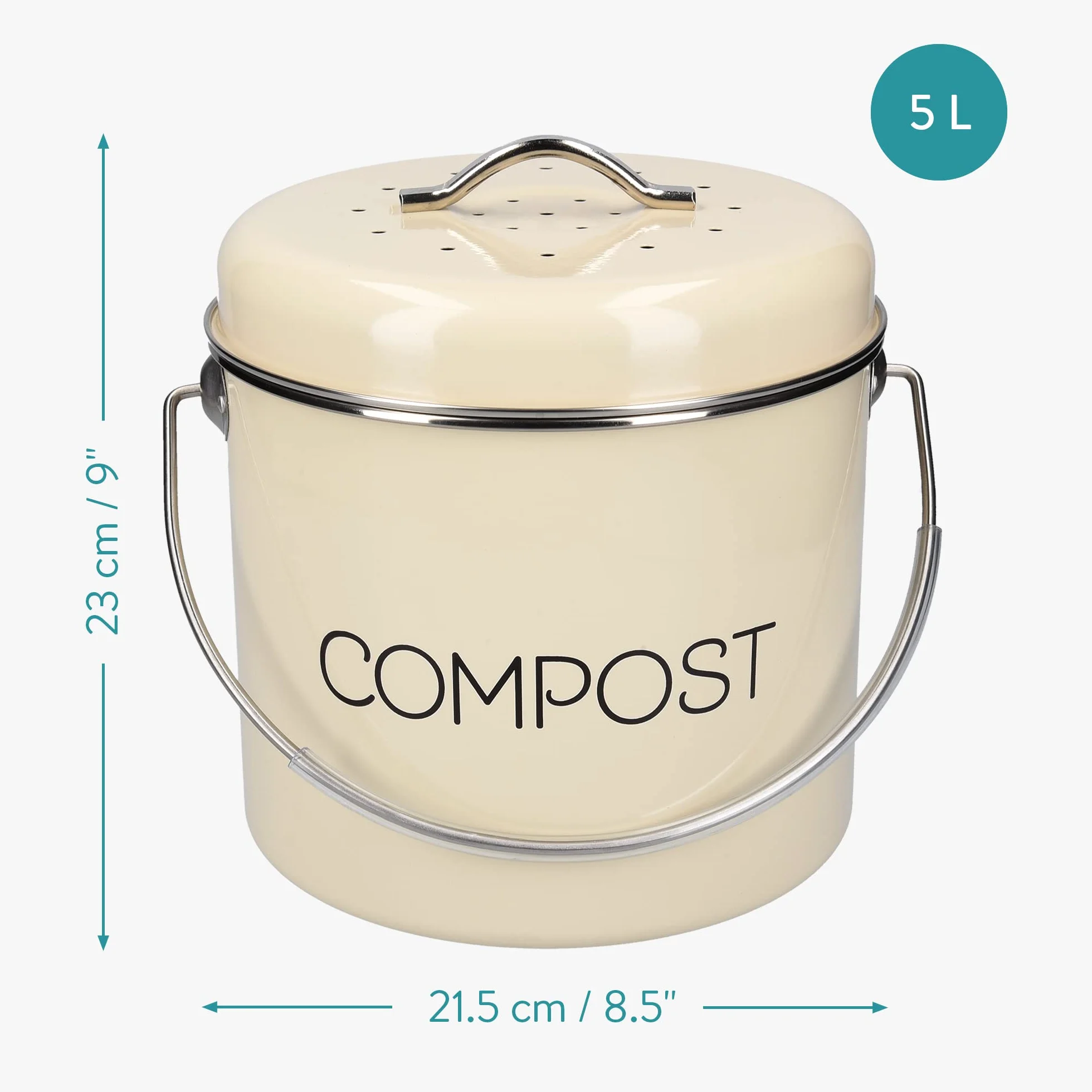 Navaris Kosz na kompost na odpady organiczne – 5 l wiadro na odpady organiczne – pojemnik na odpady organiczne z uchwytem obrotowym – w zestawie 3 filtry węglowe – kremowy