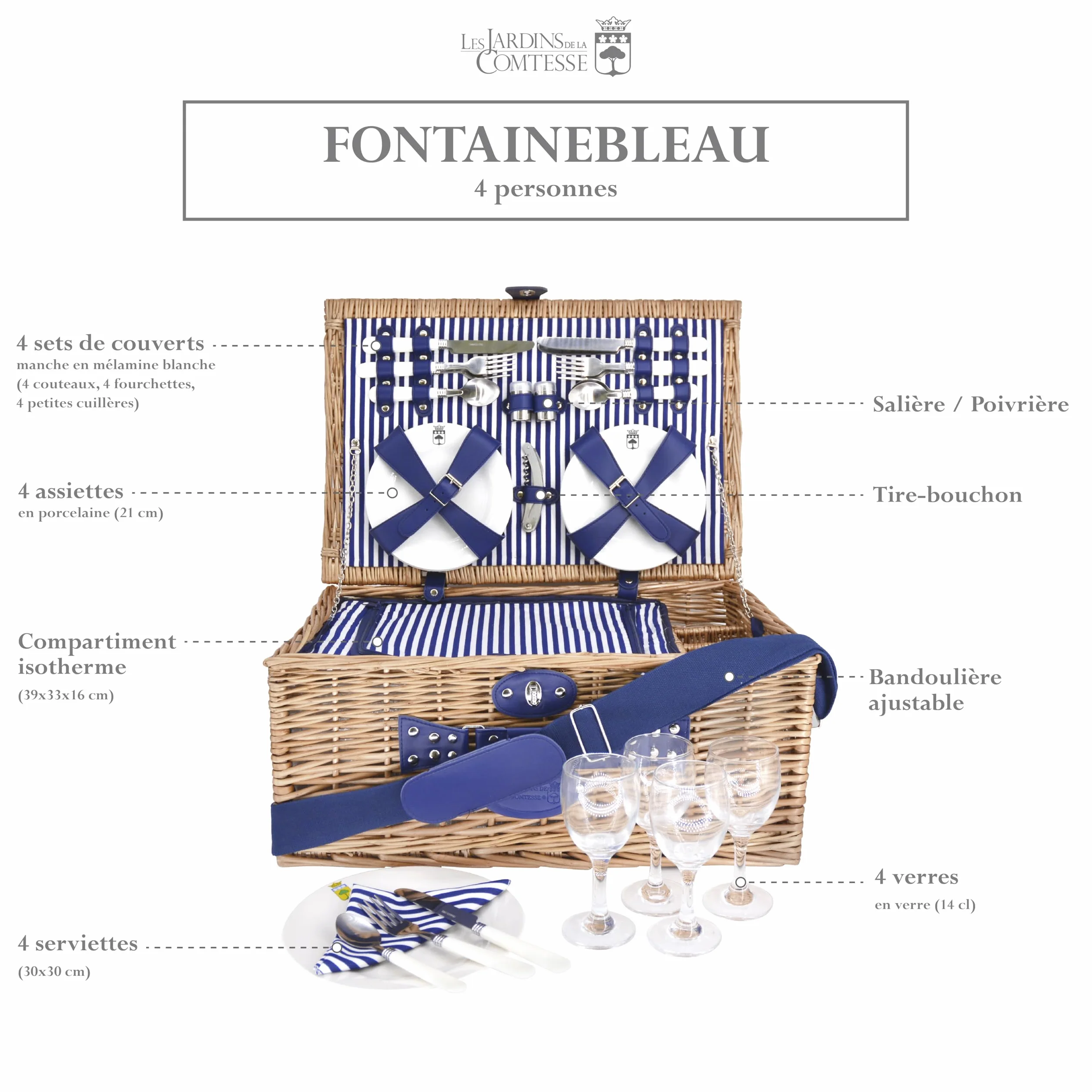 Les Jardins de la Comtesse - Fontainebleau wiklinowy kosz piknikowy - 4 osoby - izolowana chłodziarka / talerze ceramiczne/szklane kieliszki do wina - tkanina niebieskie pionowe paski - 50 x 36 x 22