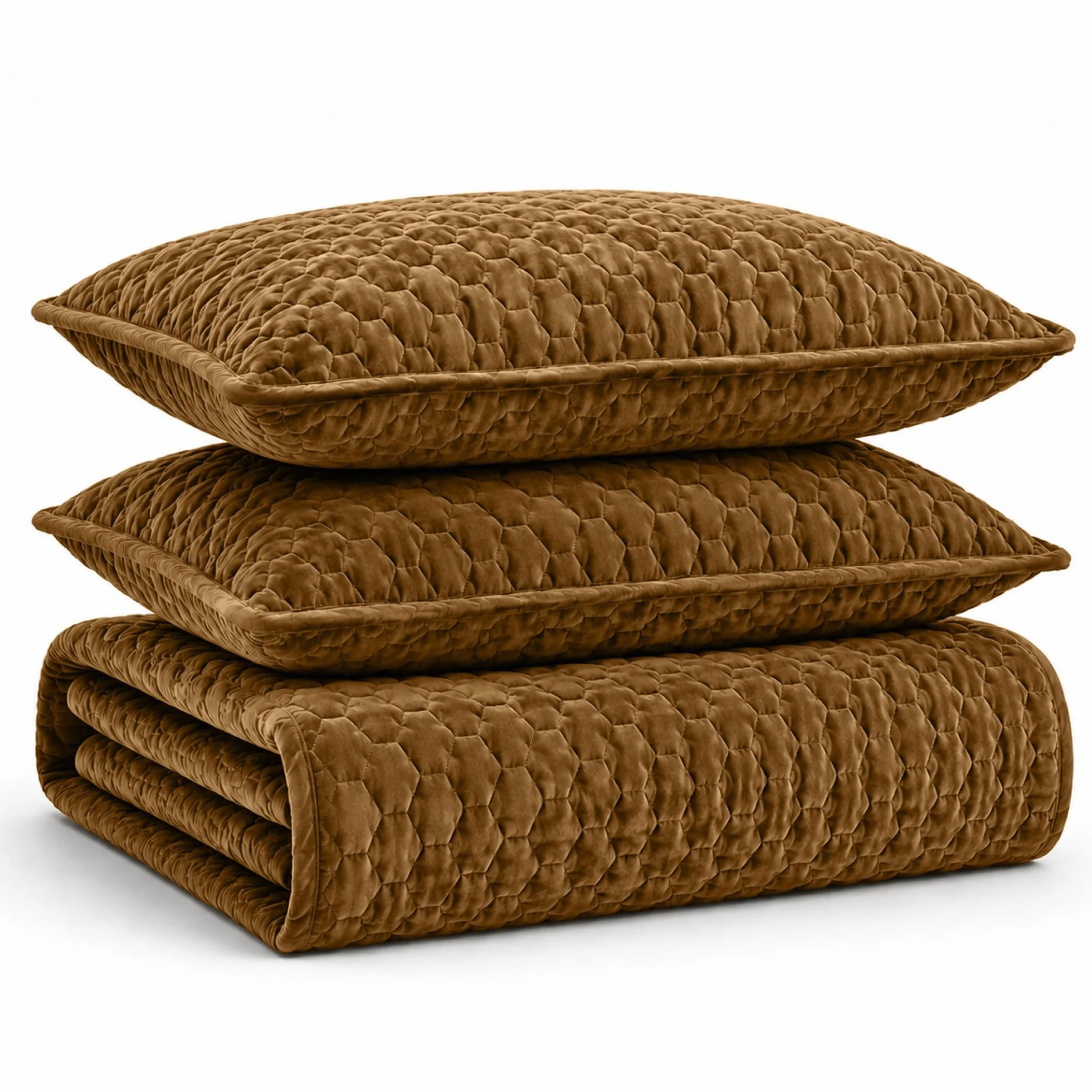 Tribeca Living Velvet Twin Quilt, Two-Piece Honeycomb Stitch Bedding Set Includes One Oversized Quilt & Sham Pillowcase, 260GSM Super Soft Velvet, Lugano/Camel