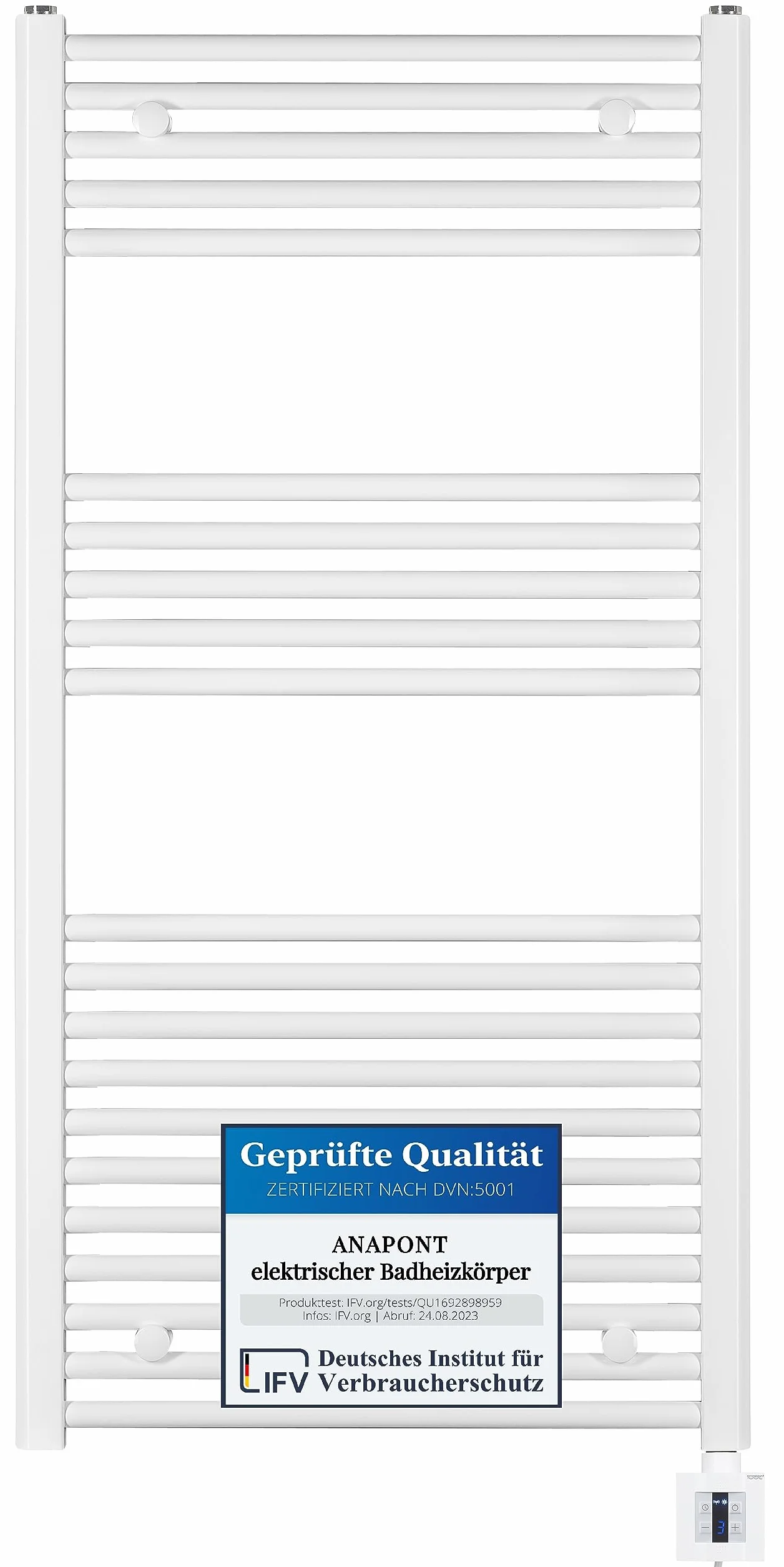 anapont Elektryczny grzejnik łazienkowy 1175 x 500 cm, biały, prosty – funkcja timera – grzejnik na ręczniki – wyprodukowano w Niemczech