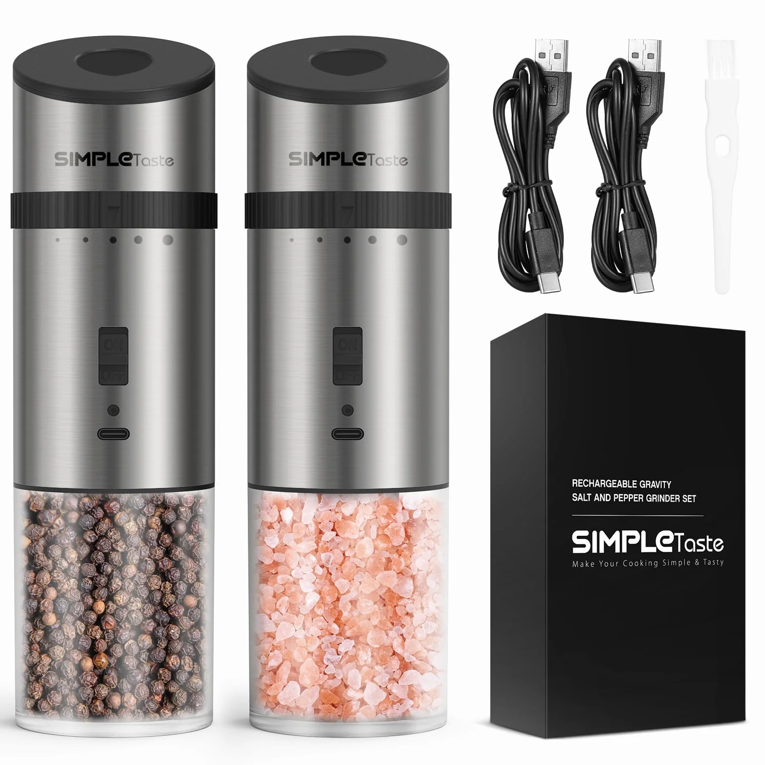 SIMPLETASTE Elektrycznych Młynków do Pieprzu Zestaw i Soli z Zewnętrznym Pierścieniem Regulacji, Sensor Grawitacyjny, Ładowanie USB-C, regulowany ceramiczny mechanizm mielący, 2 sztuki