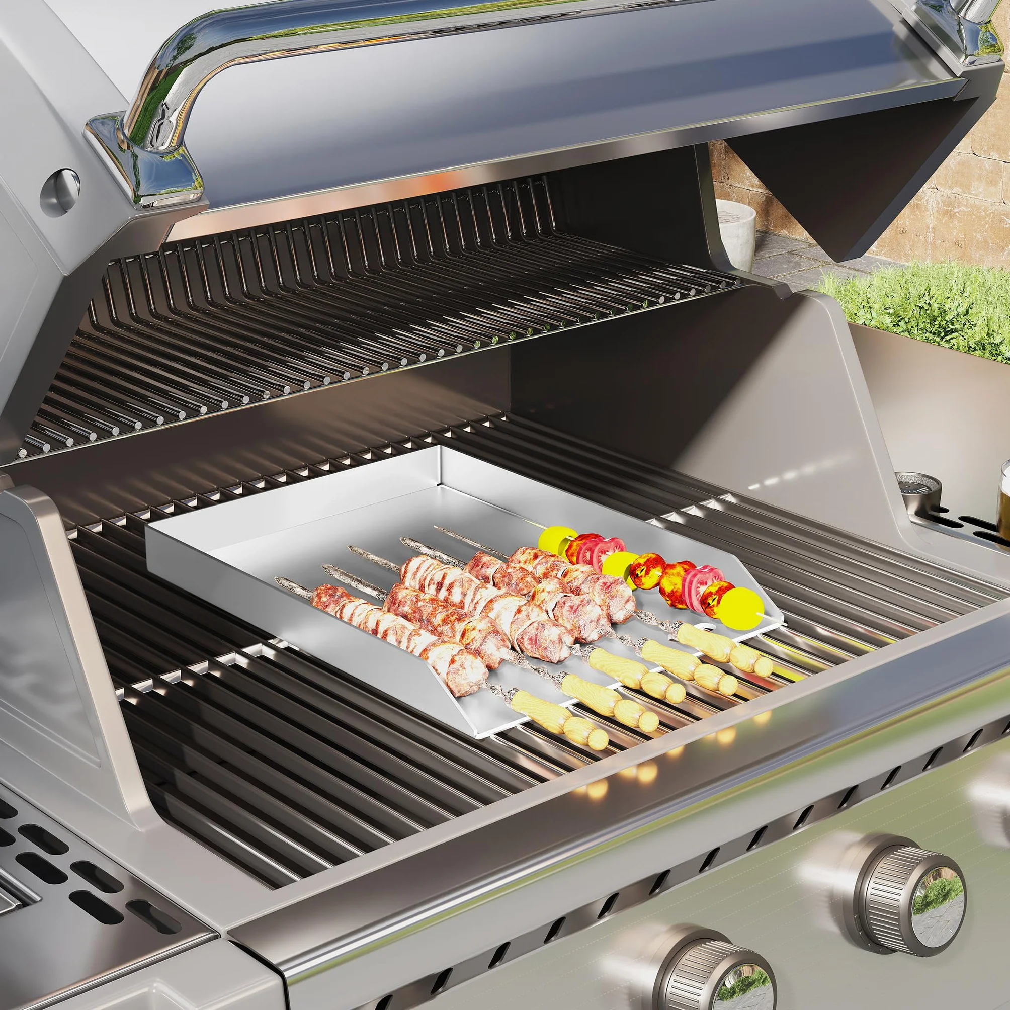 Aufun płyta grillowa ze stali nierdzewnej | 30x40x4 cm Uniwersalna BBQ plancha z zbieraczem tłuszczu | Płyta grillowa do grilla na gaz i węgiel drzewny | Akcesoria do grilla w zestawie 2 szpatułki