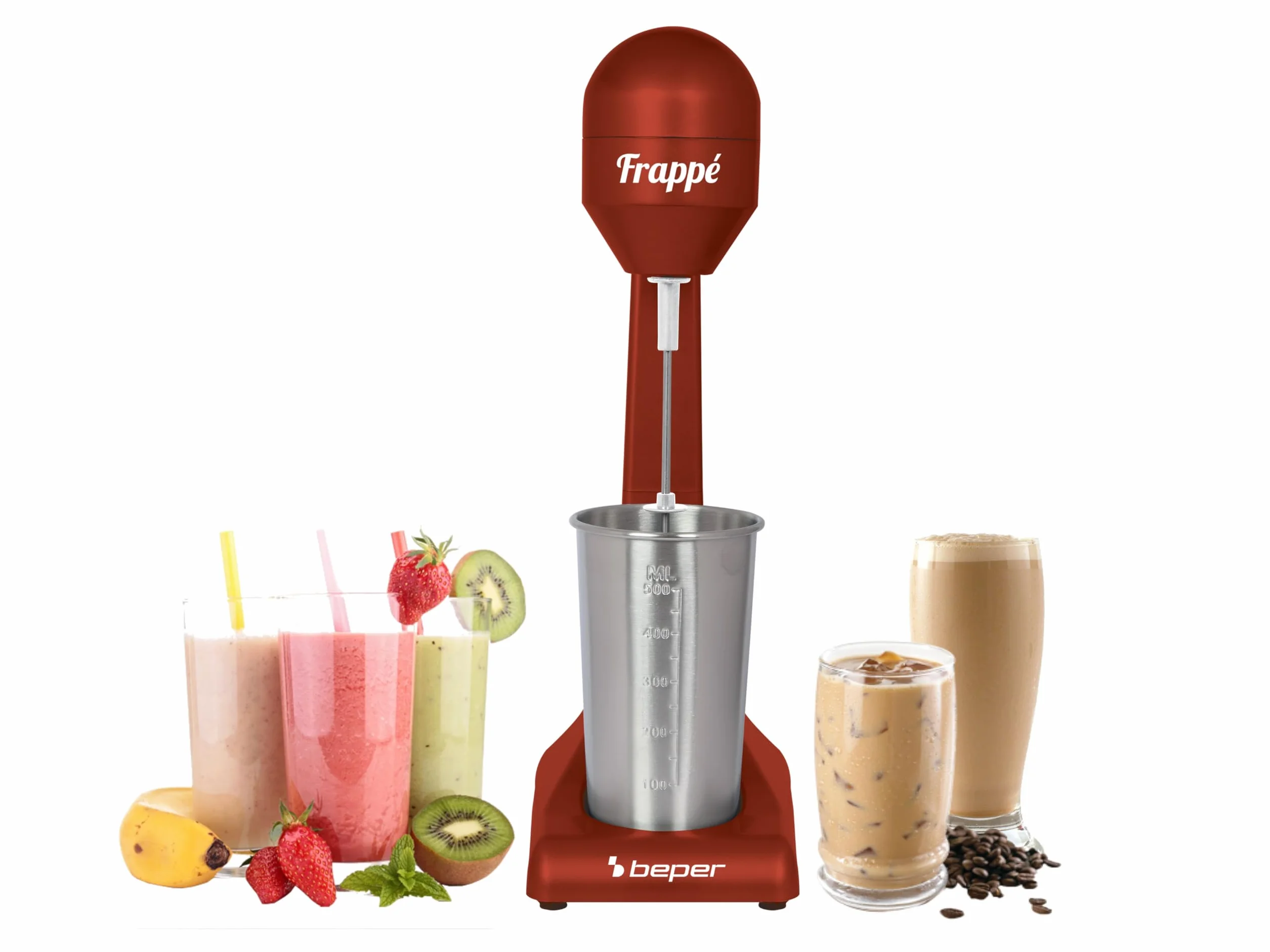 Beper - Elektryczny mikser stojący do koktajli mlecznych, frappé, smoothie i koktajli, 2 tryby, aluminiowy pojemnik 0,5 l, 100 W, srebrny