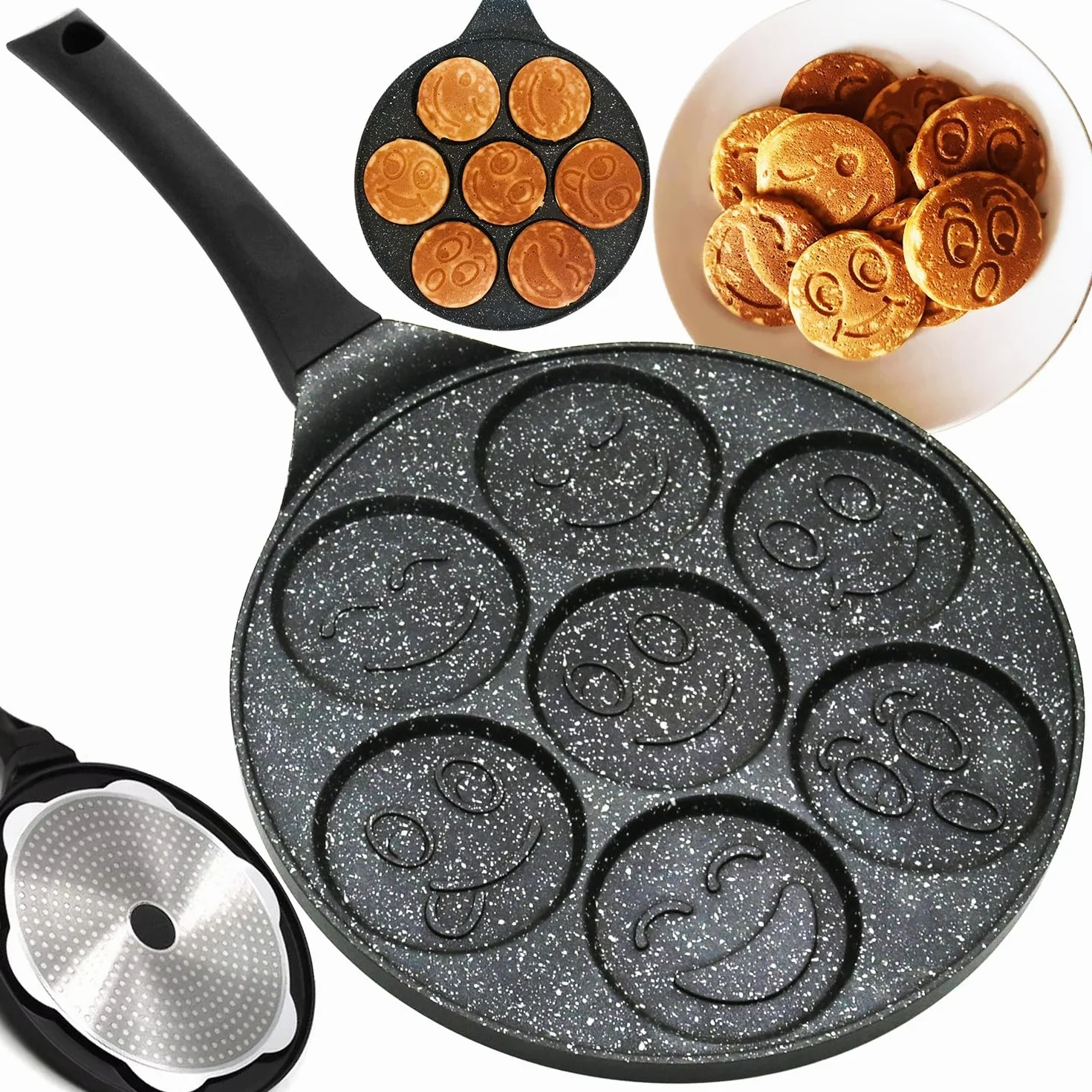 Patelnia do naleśników 7 foremek Smileys 26,5 cm nieprzywierająca marmurowa aluminiowa do indukcji i gazu