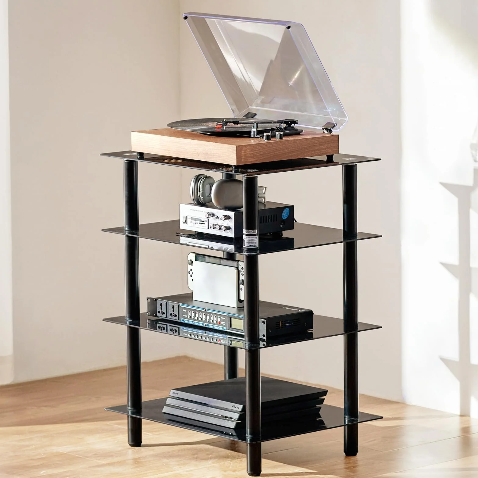 VEVOR 4-poziomowa wizualna szafka audio, półka multimedialna ze szkła hartowanego, stojak HiFi z diodami LED do obudów DVD, kabli/konsol do gier, szafka do przechowywania pokoju gier/nagrywania