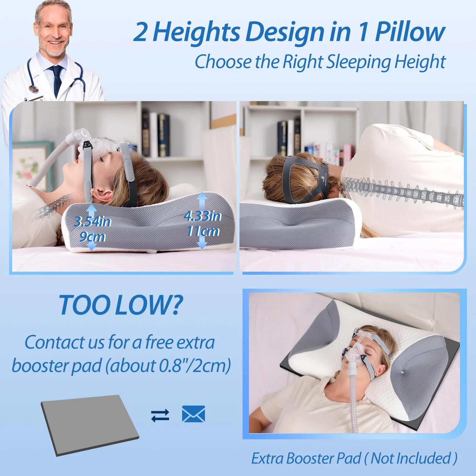 HOMCA CPAP Poduszka dla osób śpiących na boku, poduszka z pianki Memory Foam na bezdech senny, odpowiednia dla wszystkich użytkowników masek CPAP, redukuje wycieki powietrza, 65x40x9/11cm (Szary)