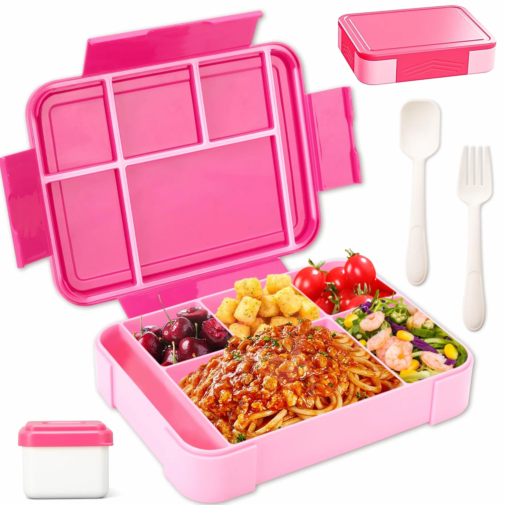 WECUTE Pudełko śniadaniowe dla dzieci, 1330 ml Bento Box Pudełko na lunch dla dzieci i dorosłych z 5 przegródkami i sztućcami Plastikowe pudełko na lunch pudełko na żywność bez BPA, do mikrofalówki