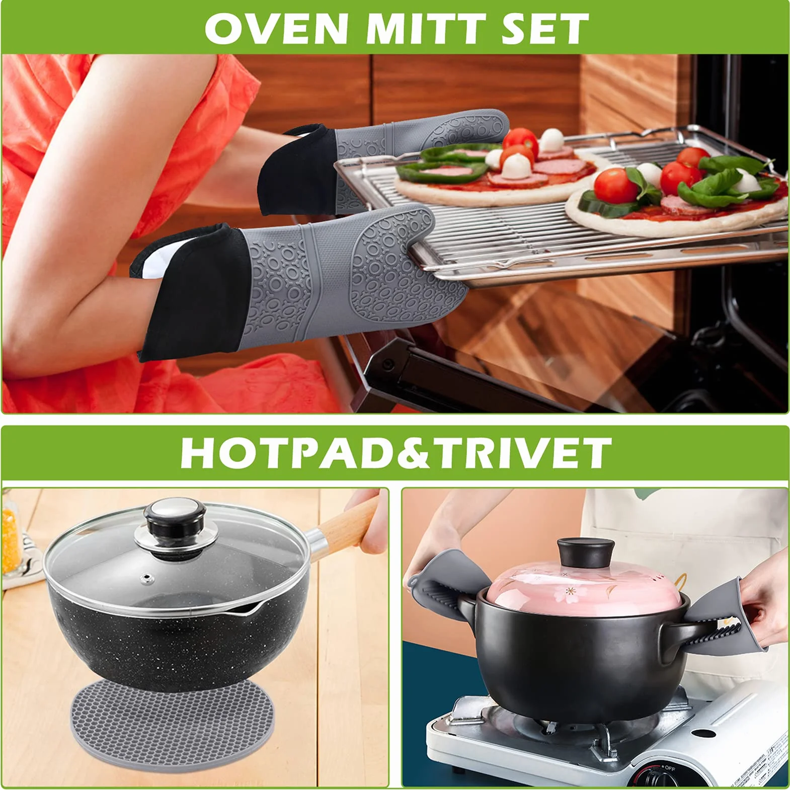 Rękawice Oven Rękawice silikonowe Zestaw: Rękawice piekarnika Odporne na ciepło Rękawice piekarnika Extra długie antypoślizgowe rękawice kuchenne do gotowania Pieczenie Grillowanie Szary