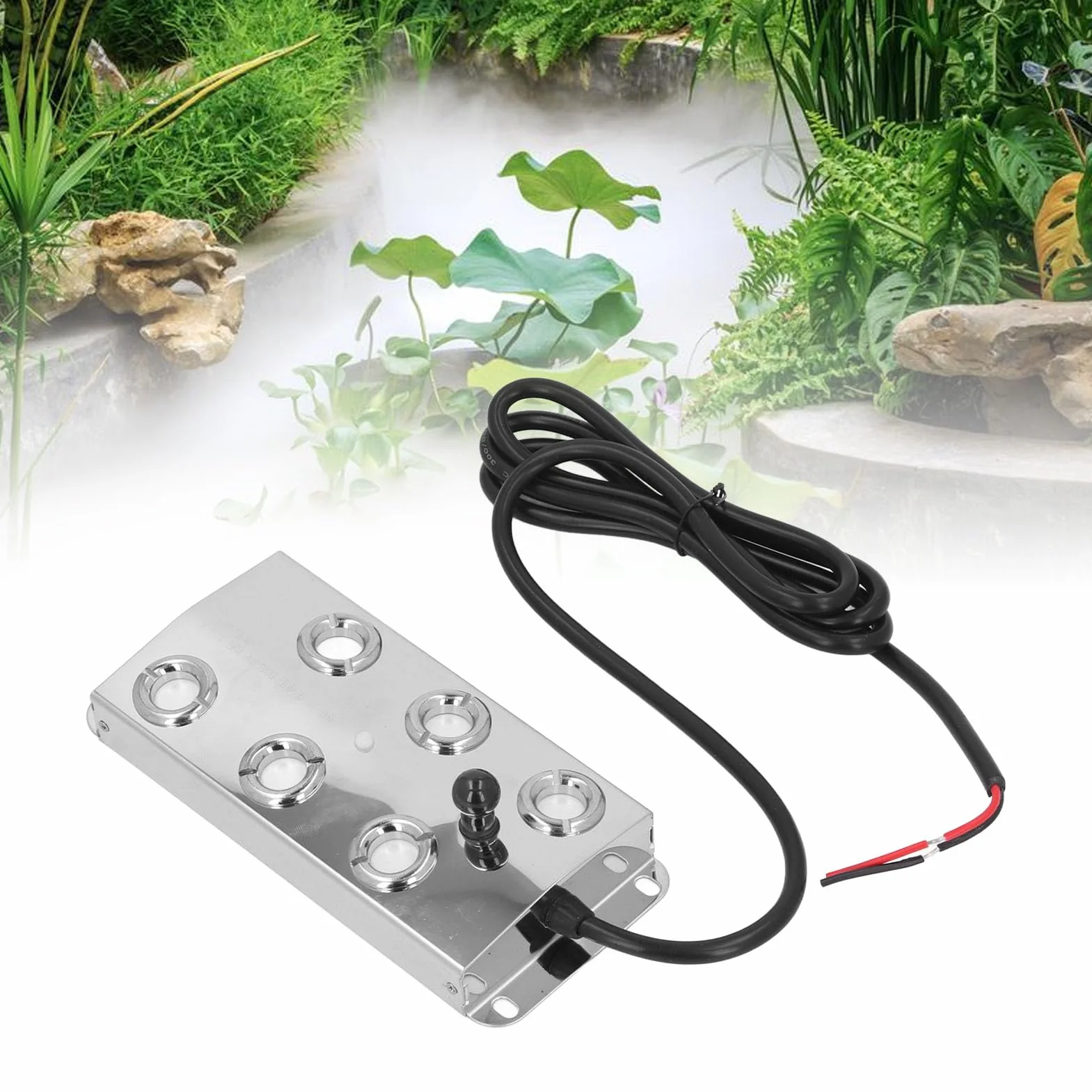 6-głowicowy Ultradźwiękowy Generator Mgły, Zamgławiacz Mgły ze Stali Nierdzewnej z 6 Rdzeniami, 4500 Ml/h, Wodoodporny Zasilacz IP67, Kabel 1,5 M do Szklarni, Stawu, Trawnika z