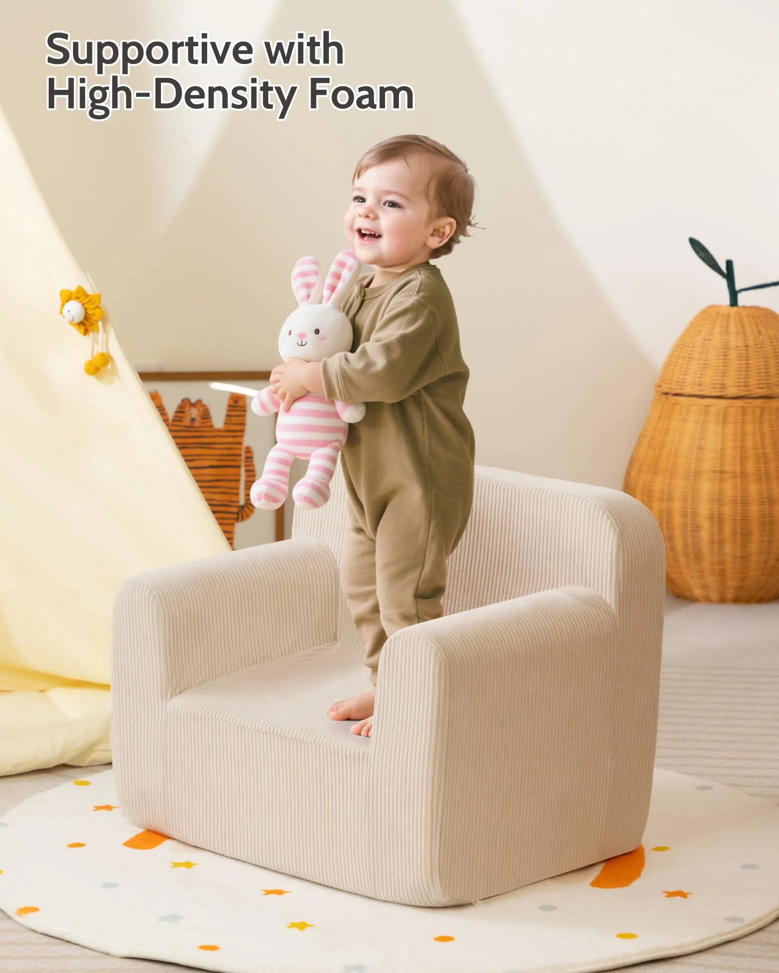 BEJOY Krzesło dziecięce, bardzo miękka, przytulna sofa z pianki, pojedyncze siedzenie, dla chłopców i dziewczynek, beżowe