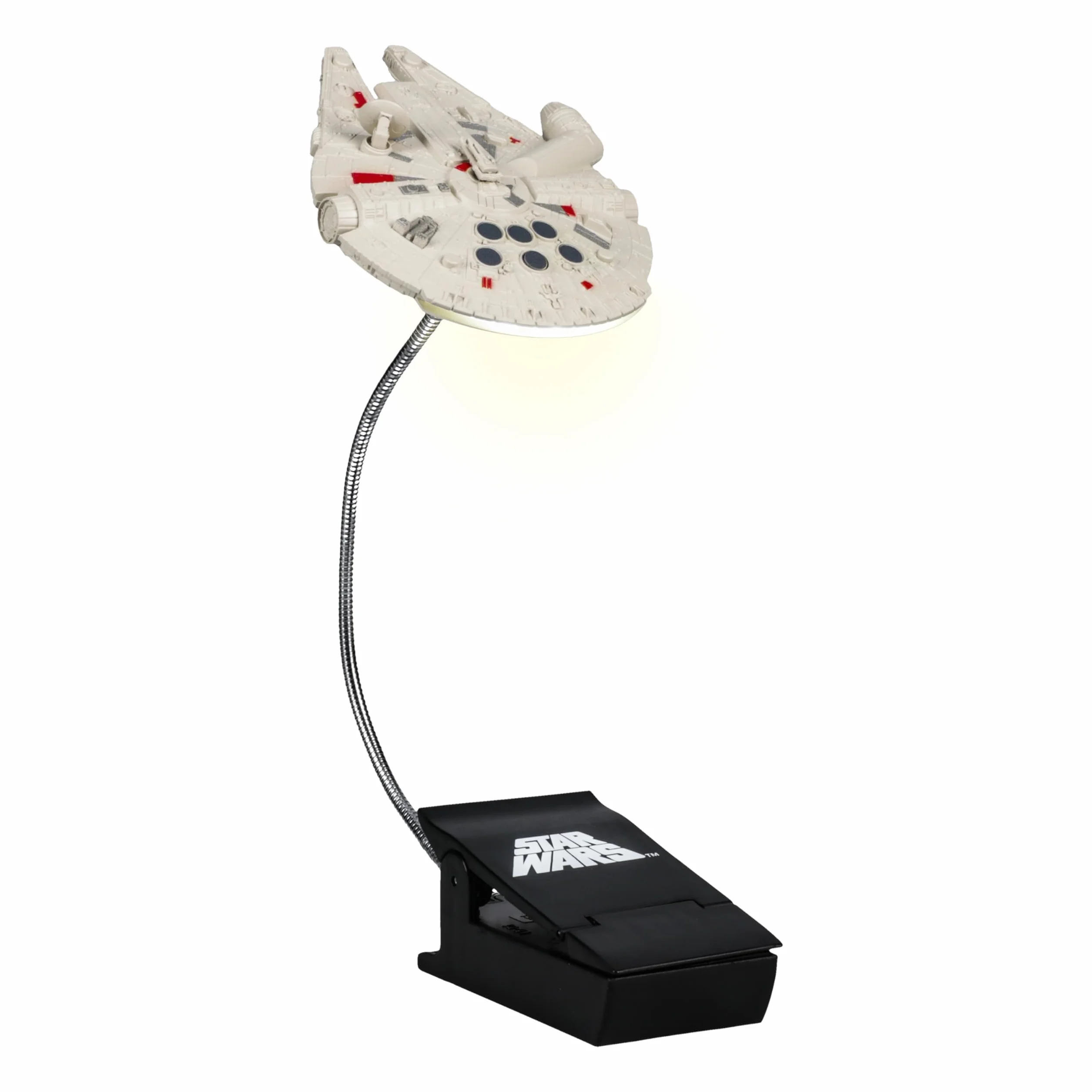 Star Wars Millennium Falcon Clip On Book Light - oficjalnie licencjonowana lampka do czytania Disneya, konstrukcja lampy z elastycznym kablem, z kultowym statkiem kosmicznym Han Solo, 3 tryby
