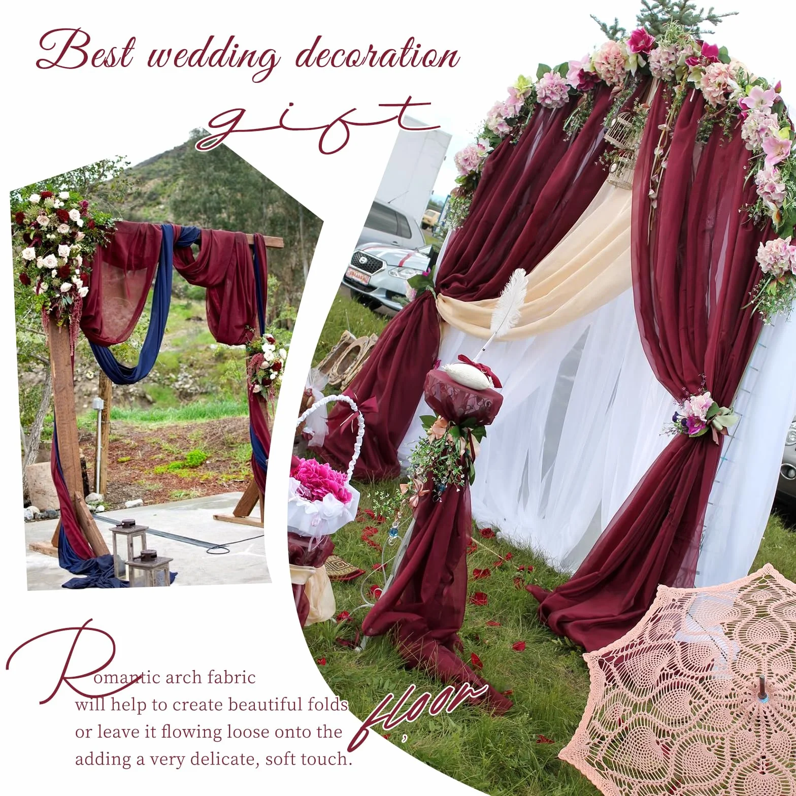 Showgeous łuk ślubny zasłona zasłona tkanina 2 panele 73 x 610 cm bordowy szyfon tkanina draperia łuk ślubny zasłony szyfonowe czyste tło zasłony na wesele łuk dekoracje ceremonii