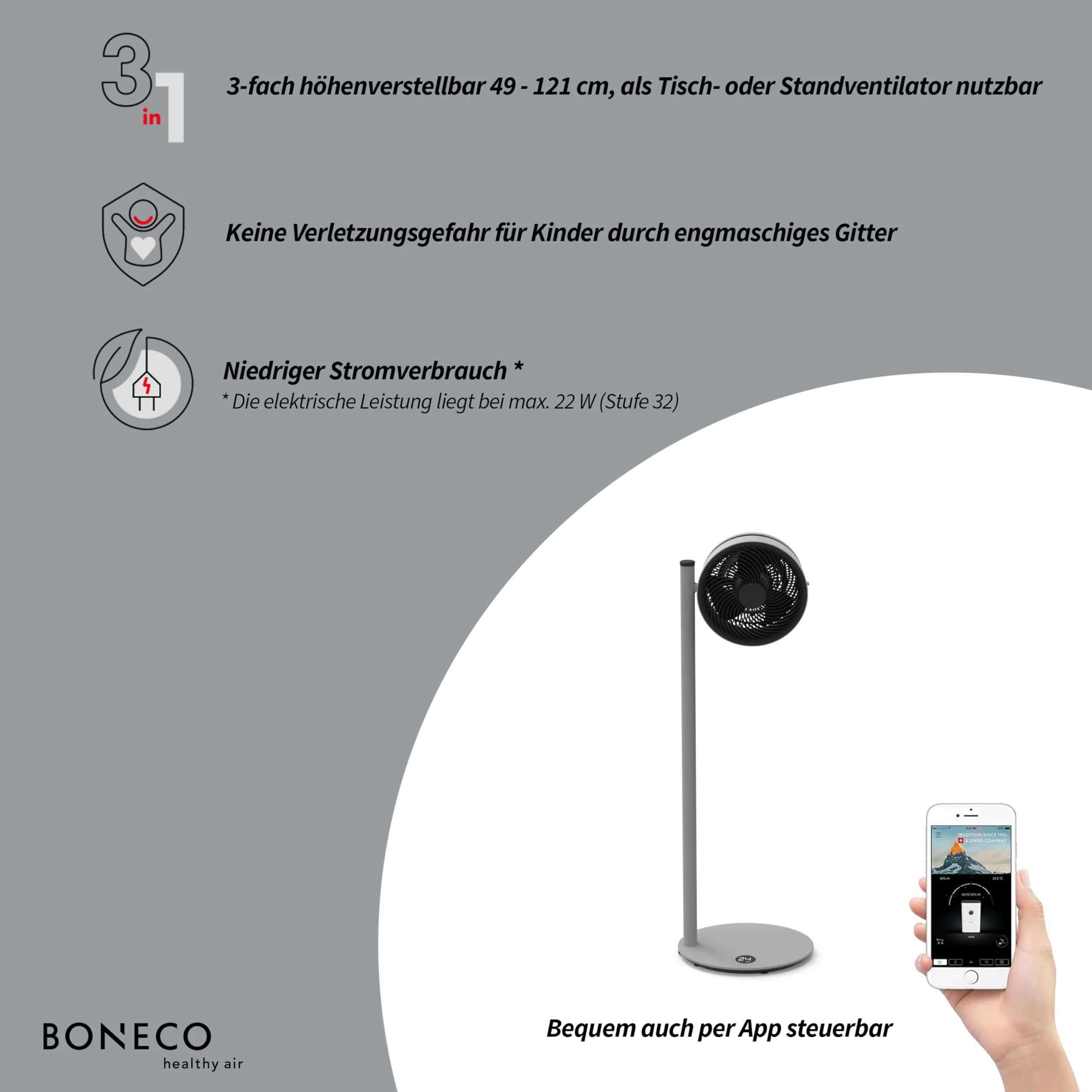 BONECO Air Shower F235 wentylator stojący 32 poziomy mocy sterowanie aplikacją cicha szara
