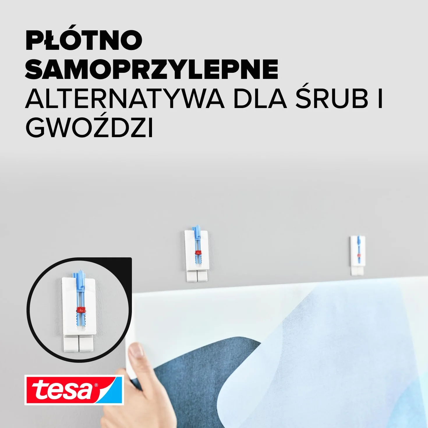 Tesa gwóźdź samoprzylepny do tapet i tynku, z regulacją wysokości, idealny do płócien i blejtramów, wytrzymuje do 2 kg, demontaż bez pozostawiania śladów