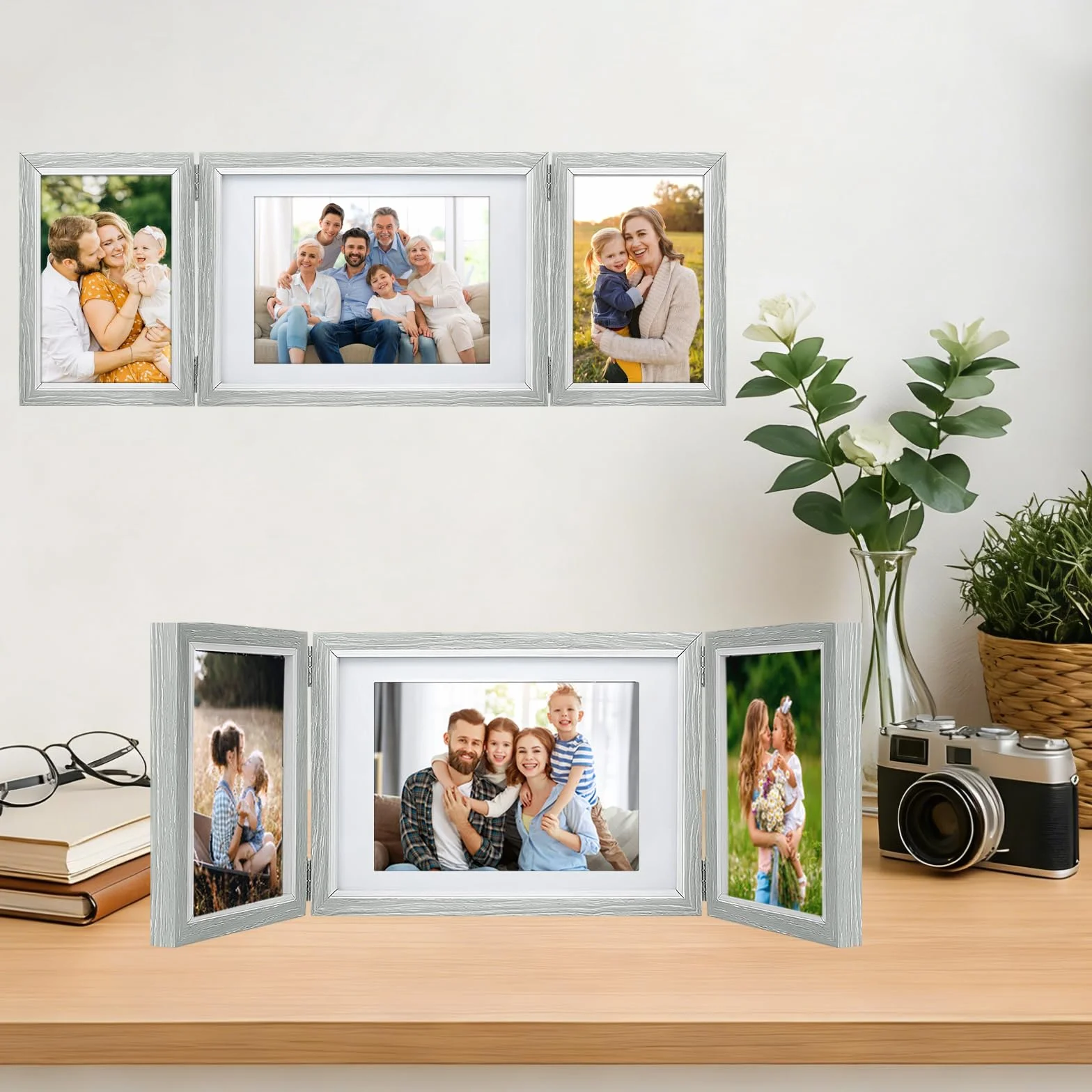 3 składane ramki na zdjęcia, kolaż, 3 ramki na zdjęcia, drewniana ramka na zdjęcia ze szklaną szybką, 3 części, na zdjęcia 10 x 15 cm i 13 x 18 cm, na wesele, prezent dla rodziny