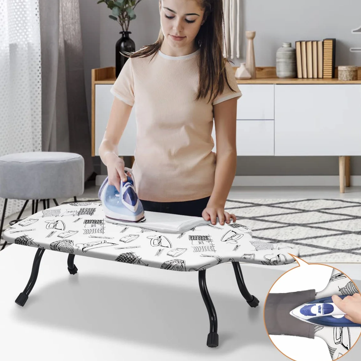 Duwee Deska do Prasowania na Stół, Mała Deska do Prasowania z Haczykiem do Zawieszenia, 100% Bawełniany Pokrowiec, Składane Nóżki i Kompaktowy Rozmiar, 40 x 77 cm